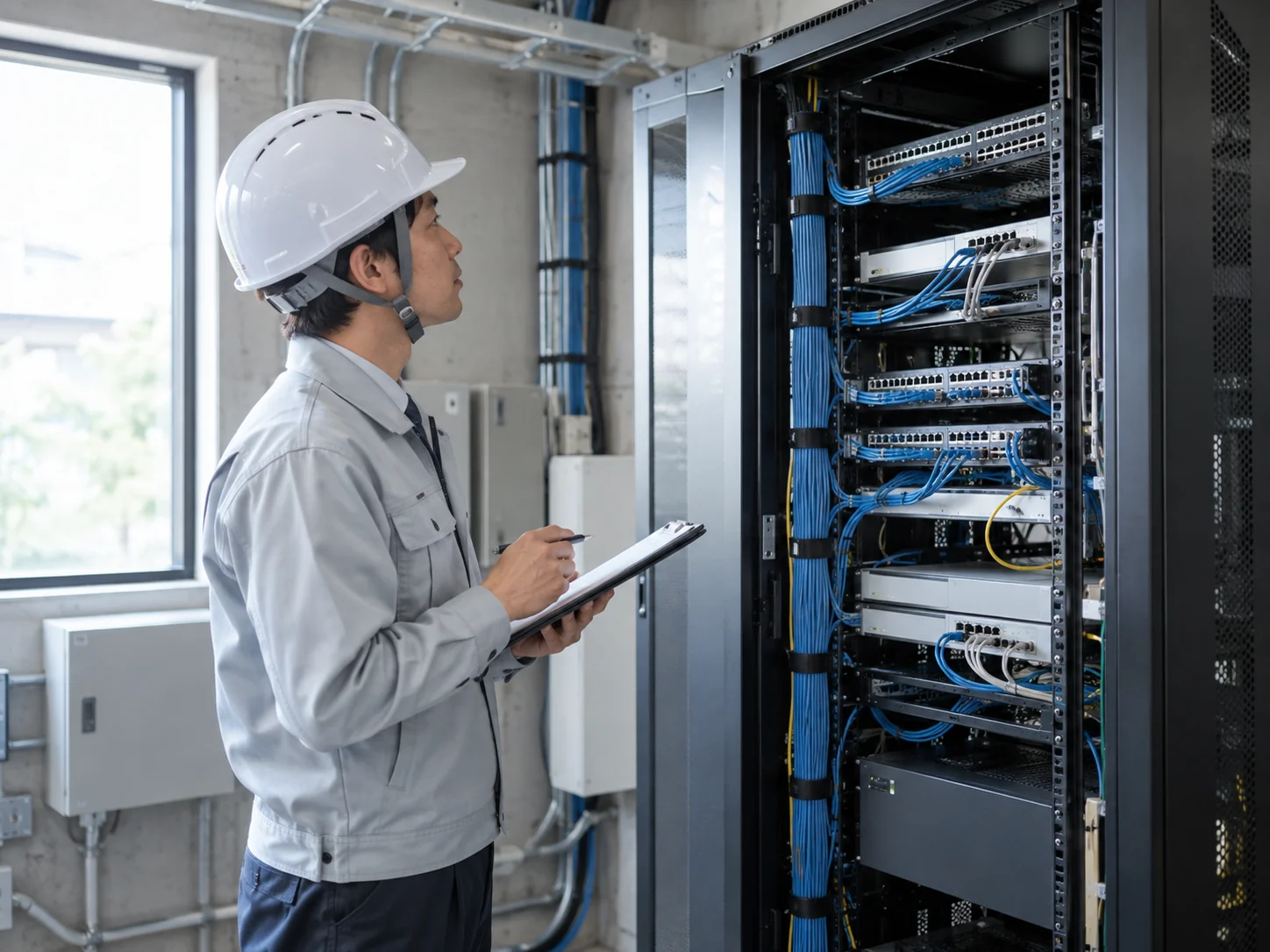 通信ラックの配線を確認する技術者