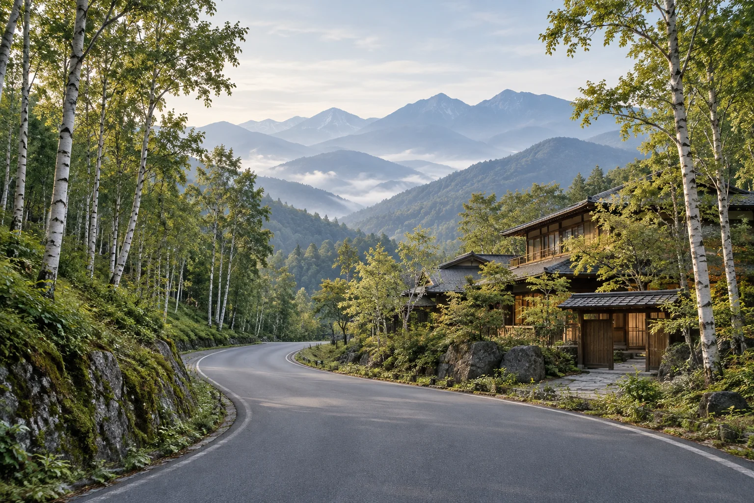 白樺の林を抜けて、遠くの山並みへ続く高原の道