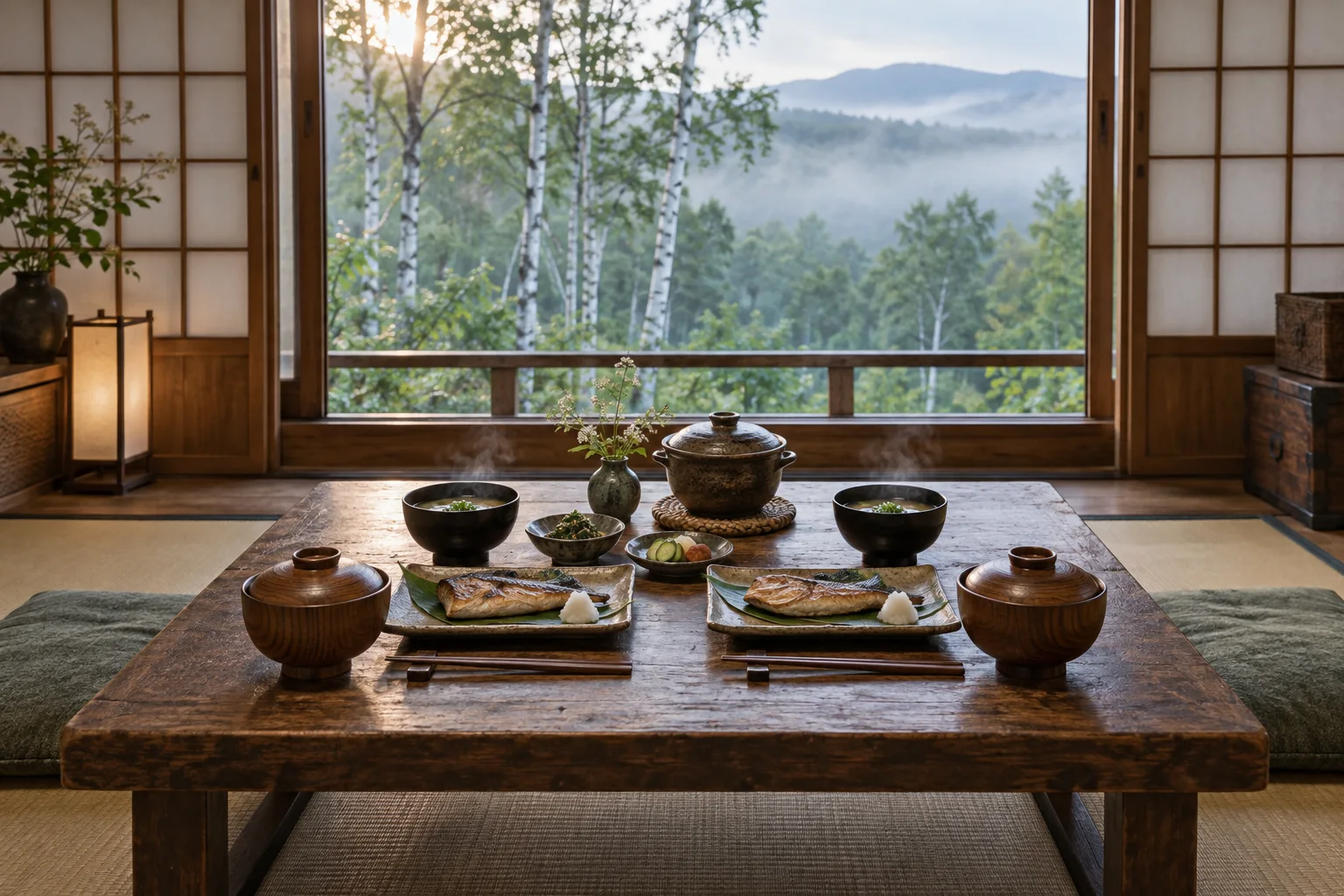 朝霧の白樺林を望む障子窓辺の、ふたり分の朝食