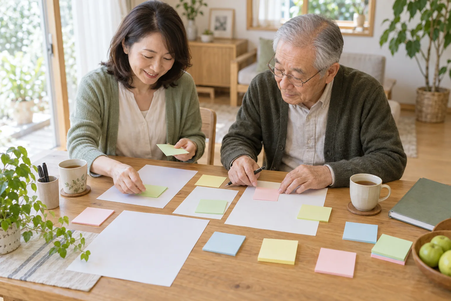 付箋と紙を並べて整理する家族