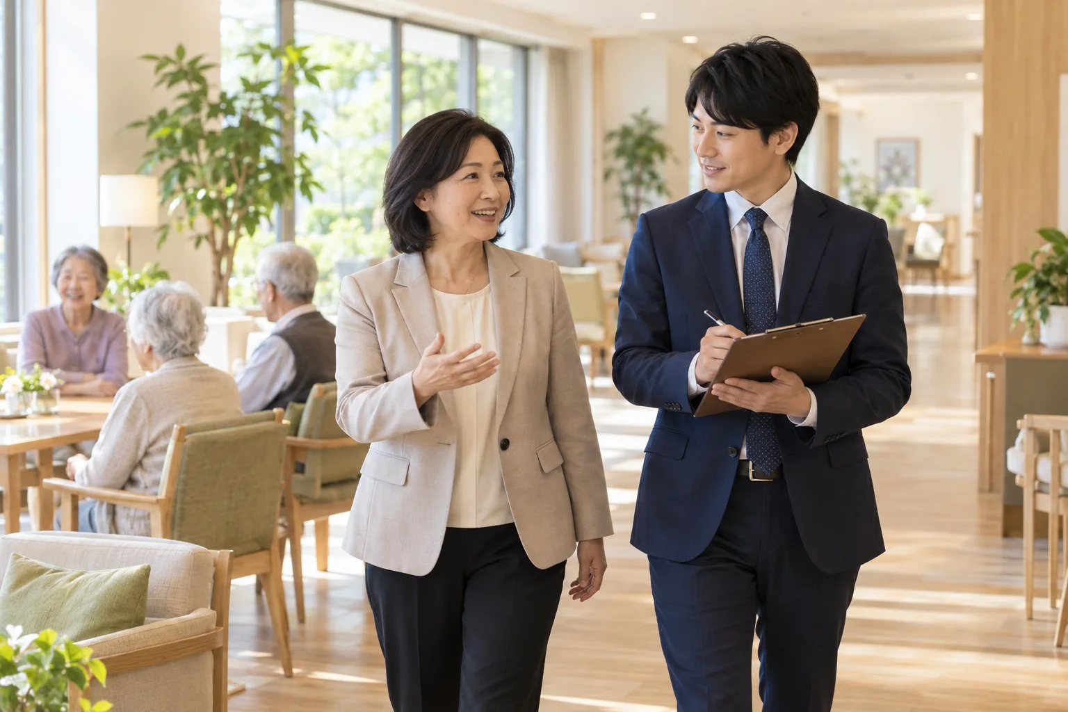 先輩相談員と後輩相談員が施設を歩く様子