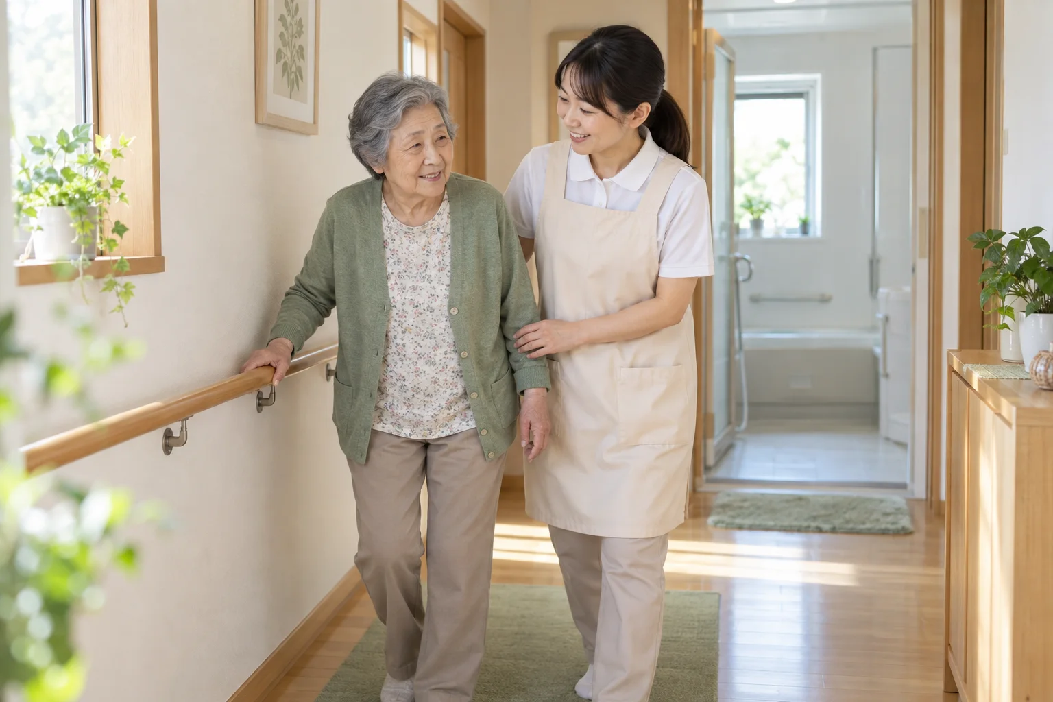 手すりを使って廊下を歩く女性と訪問介護の職員