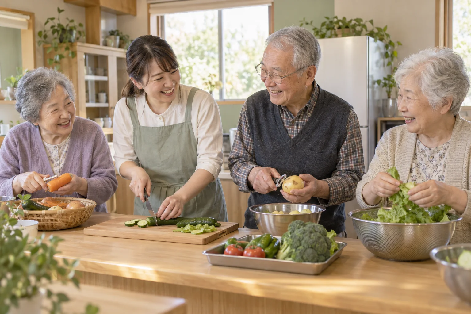 グループホームで入居者と職員が一緒に料理をする様子