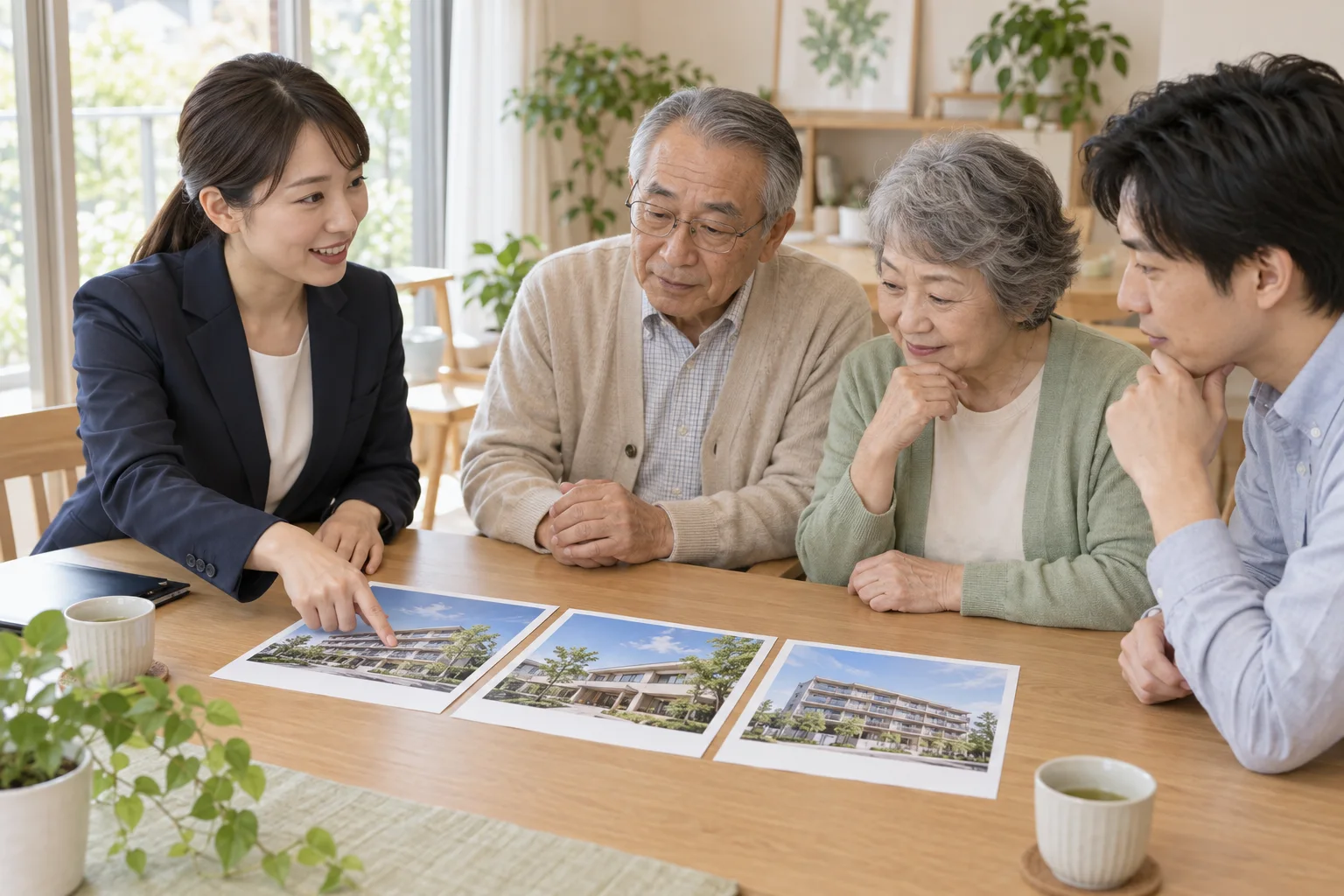 相談員が住まいの資料を並べて説明する様子