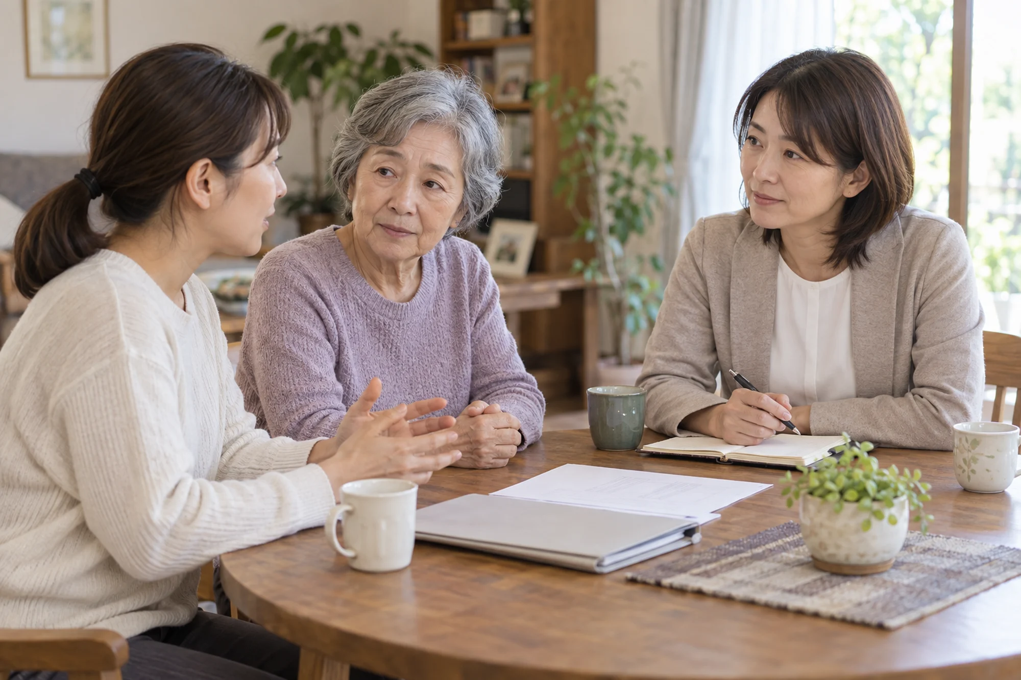 相談室で、家族が相談員と話す様子