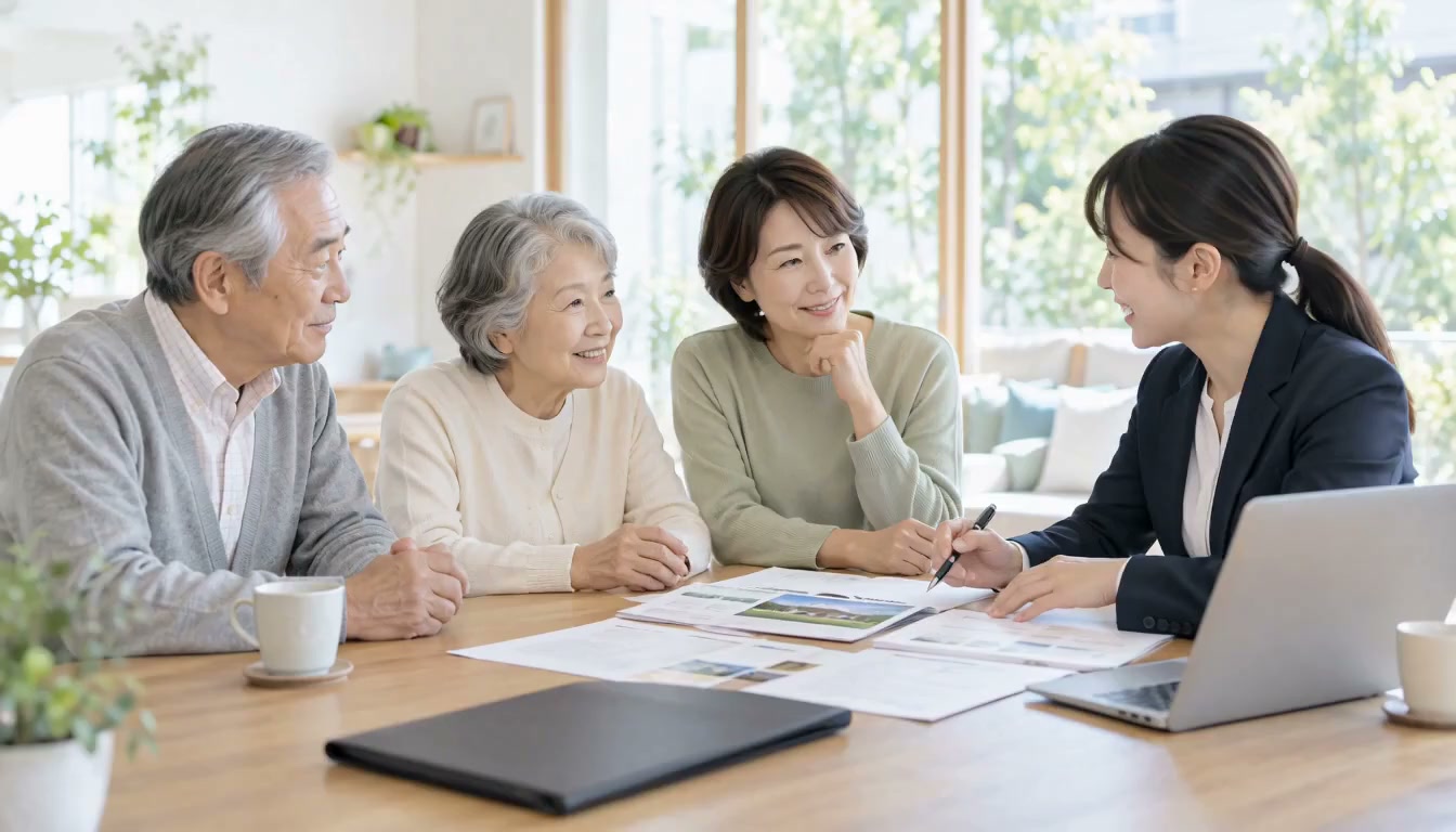 本人と家族、相談員が資料を囲んで話す様子