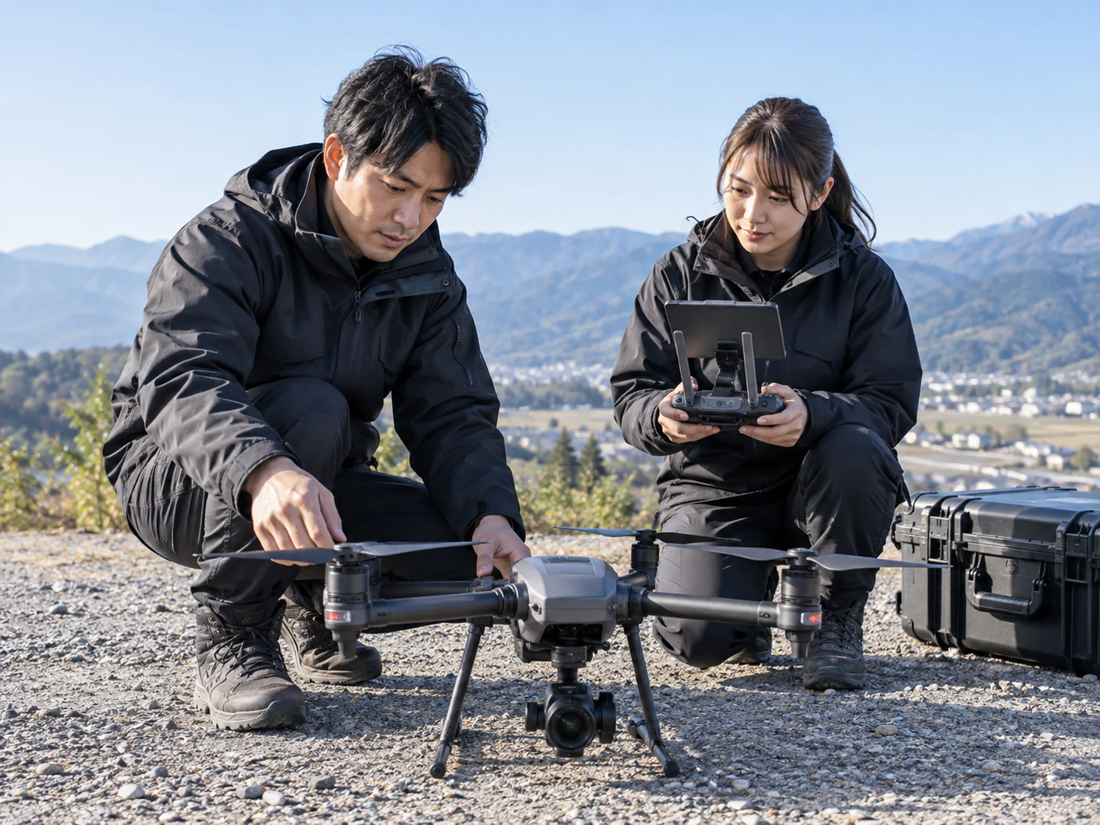 離陸前の機体を点検するスタッフ