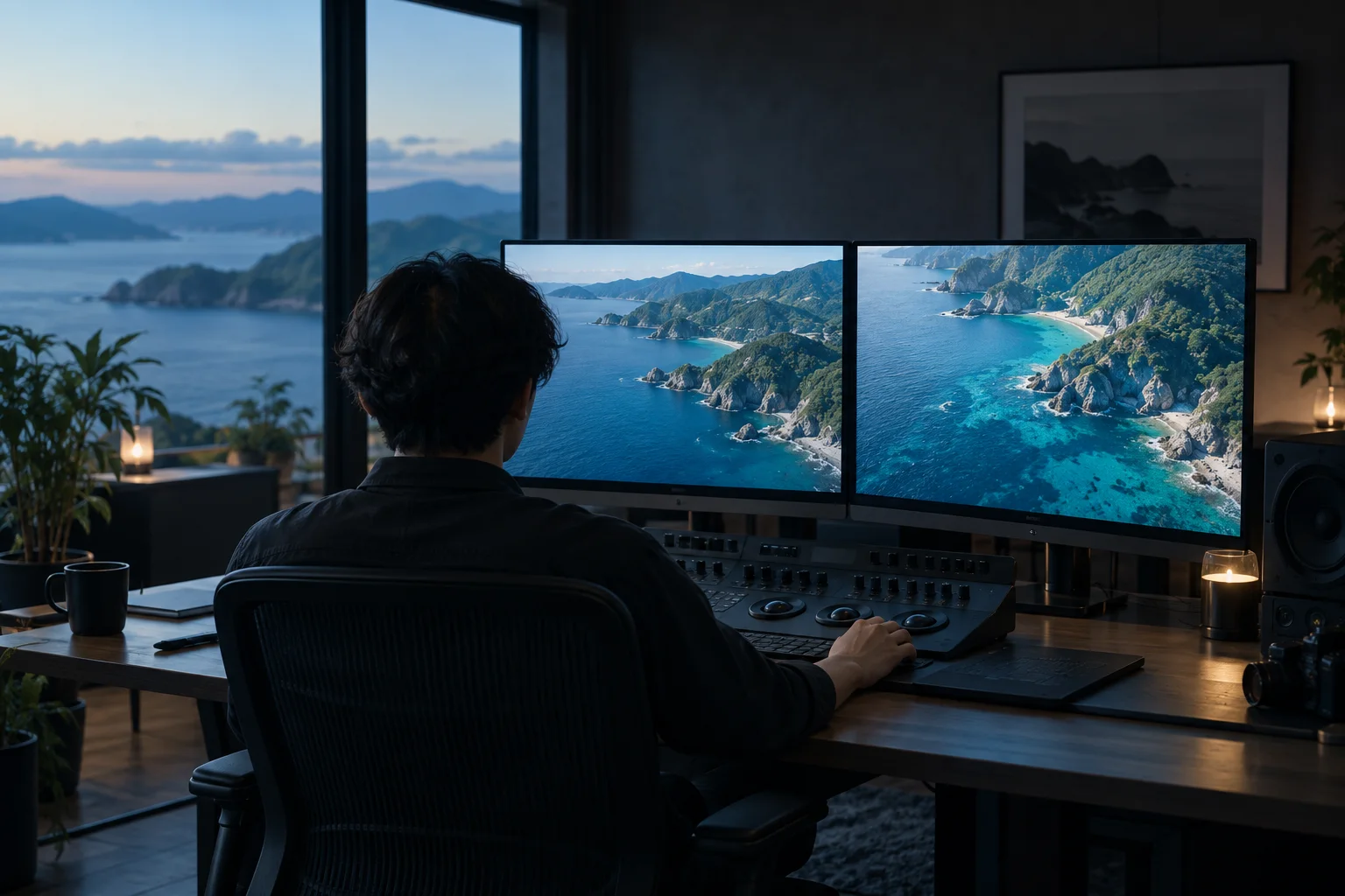 空撮映像の色を整える編集室