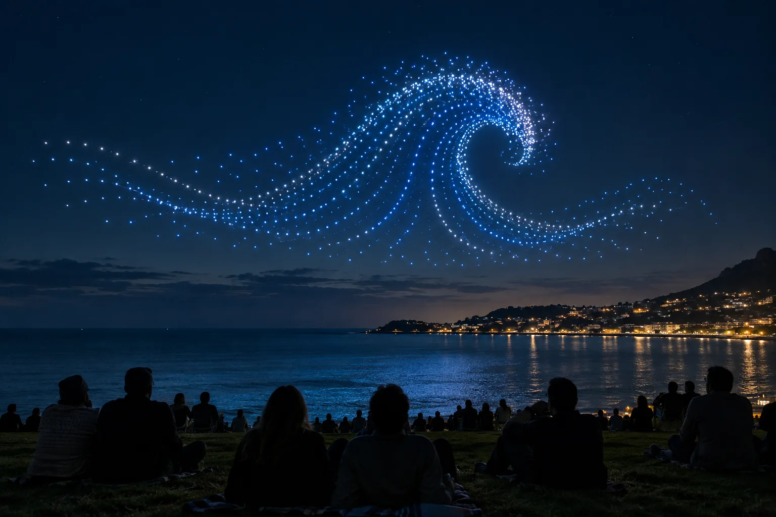 海辺の芝生からドローンショーを見上げる観客