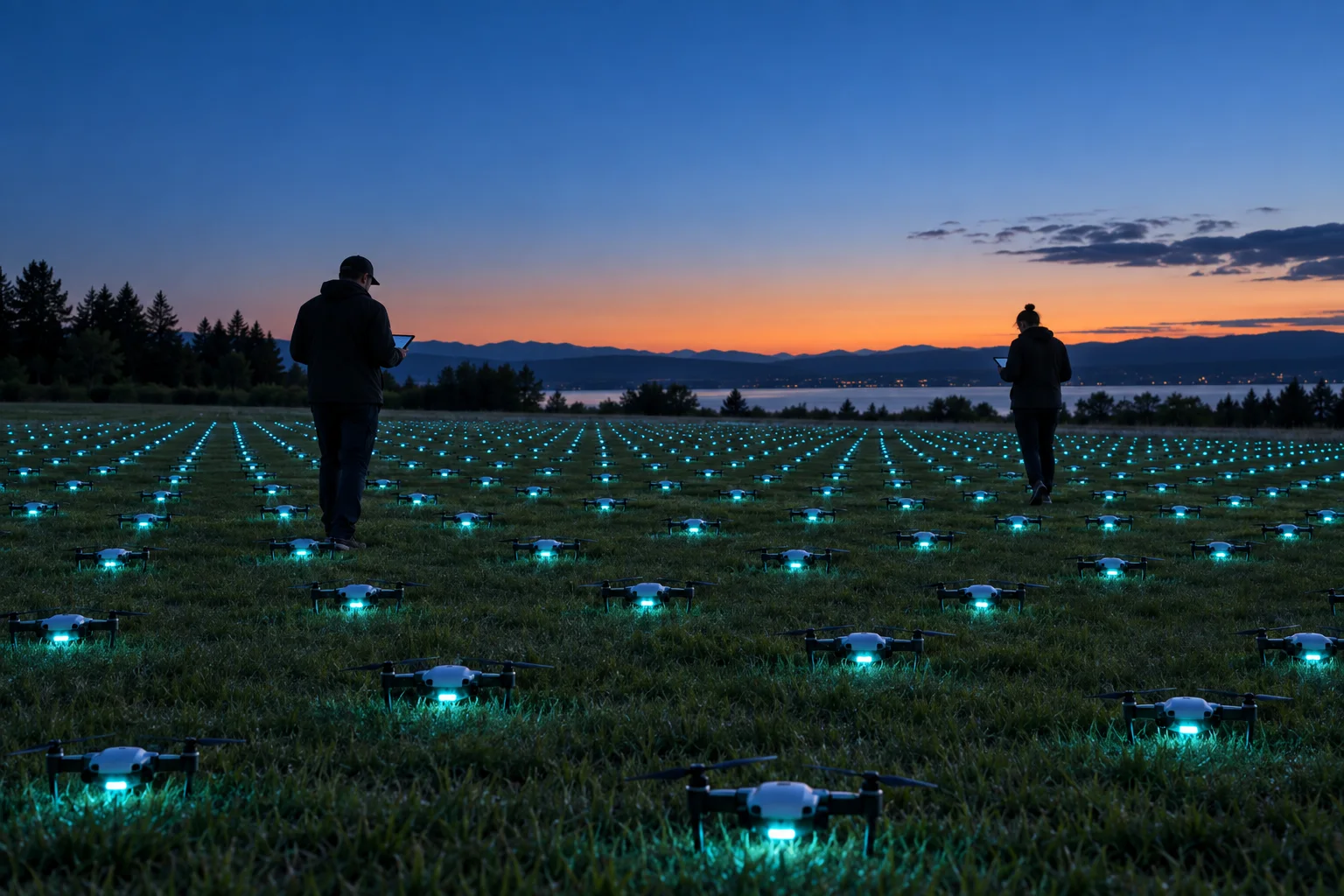 夕暮れの草地に整列したショー用の機体