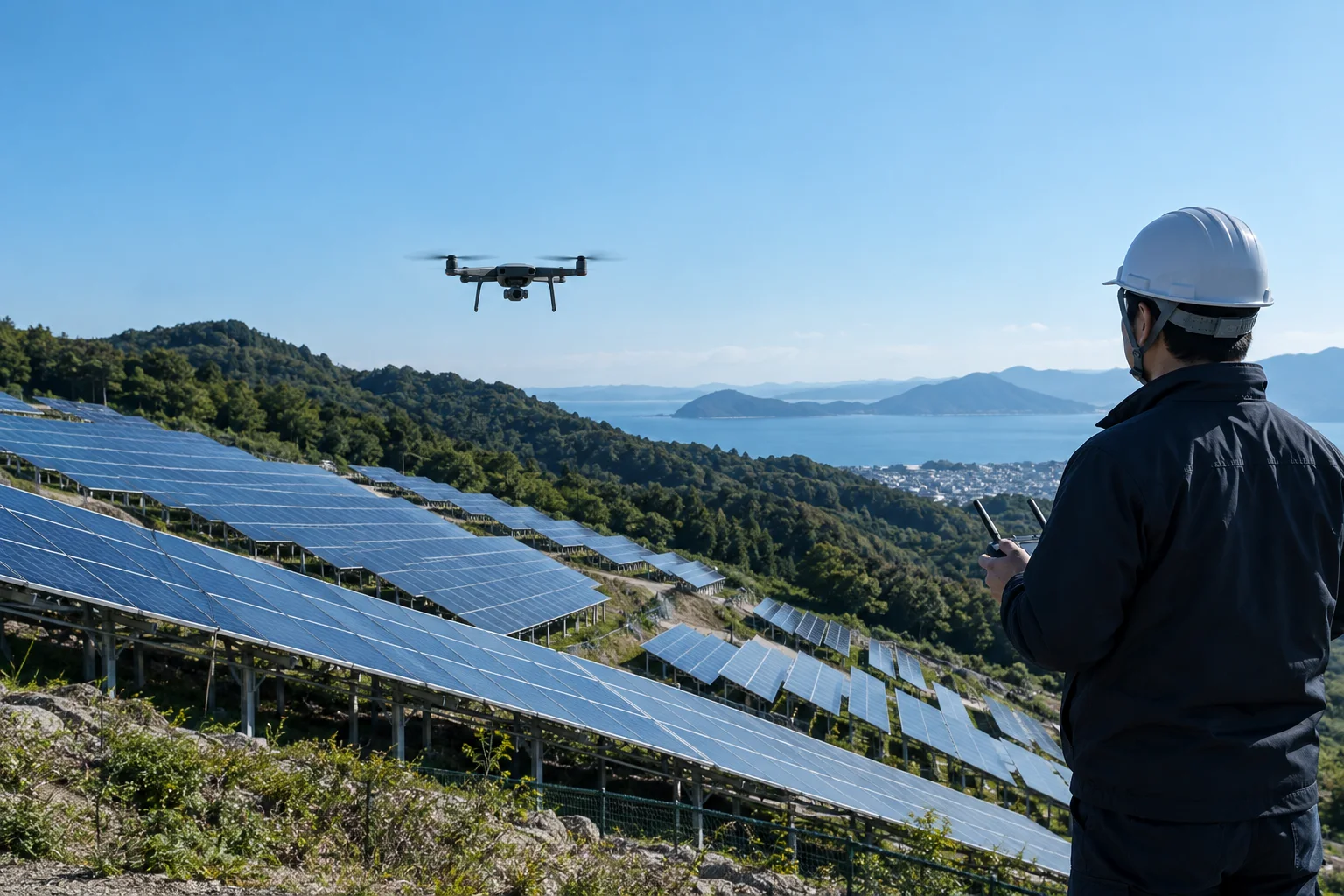 太陽光パネルの上を飛ぶ点検用の機体と点検員