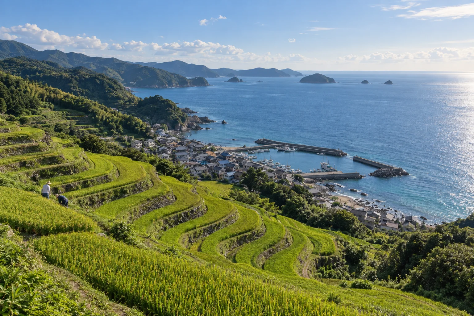 海へ下る棚田の空撮