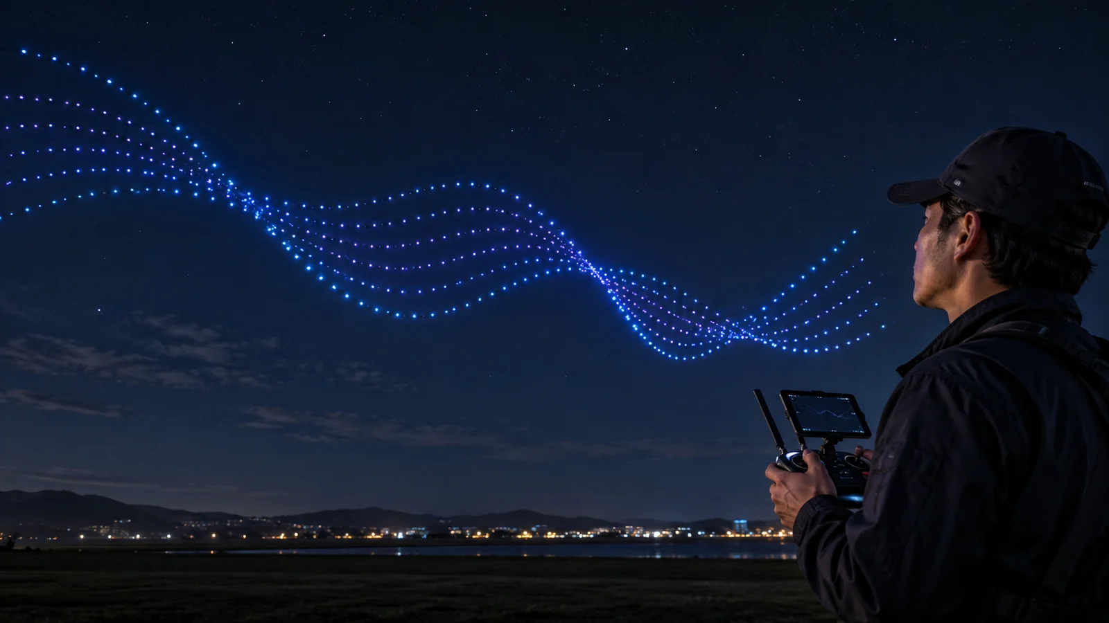 夜空の光の編隊を見守る運航者