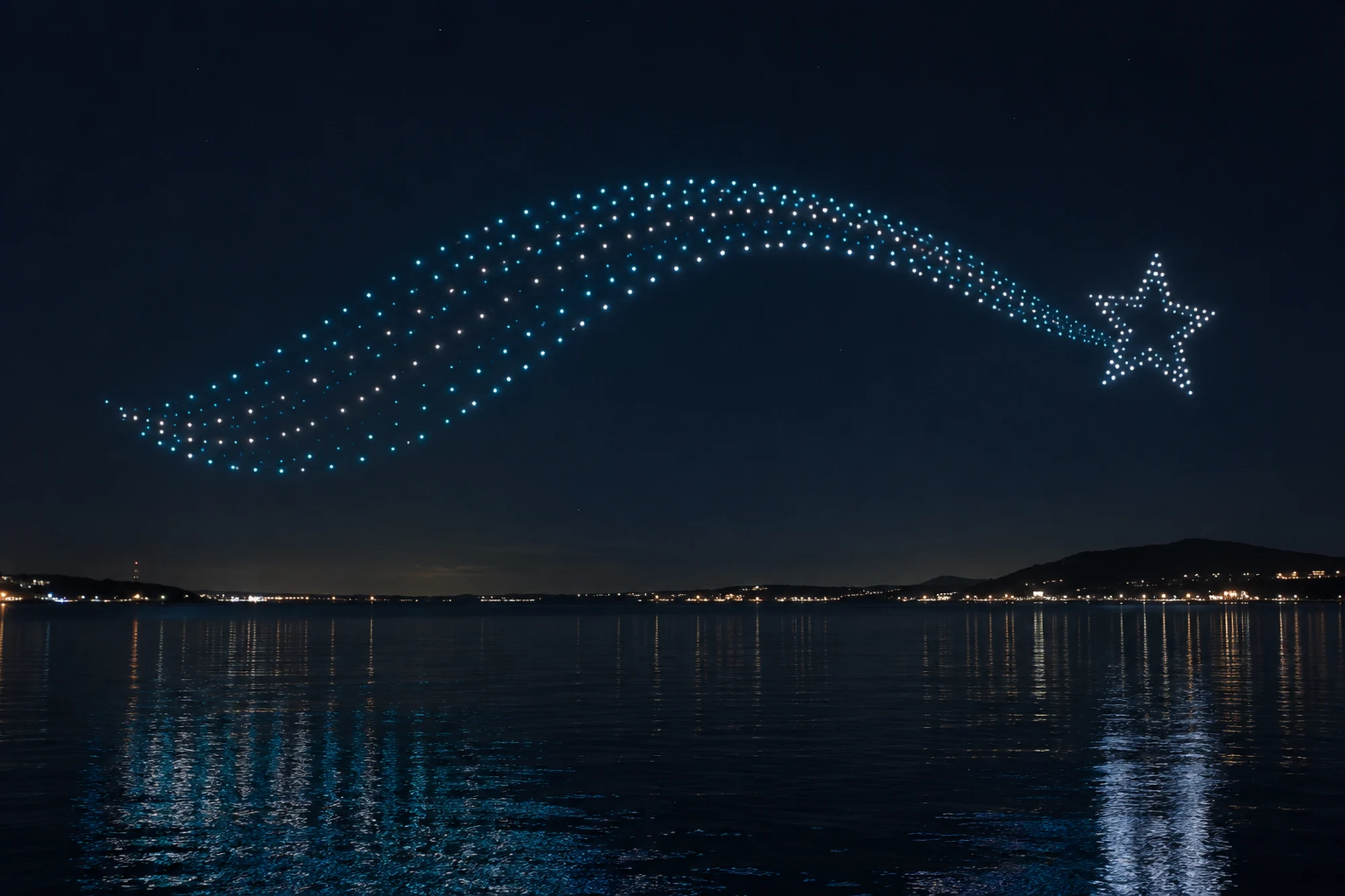 海の上の夜空に光の編隊が描く流れ星
