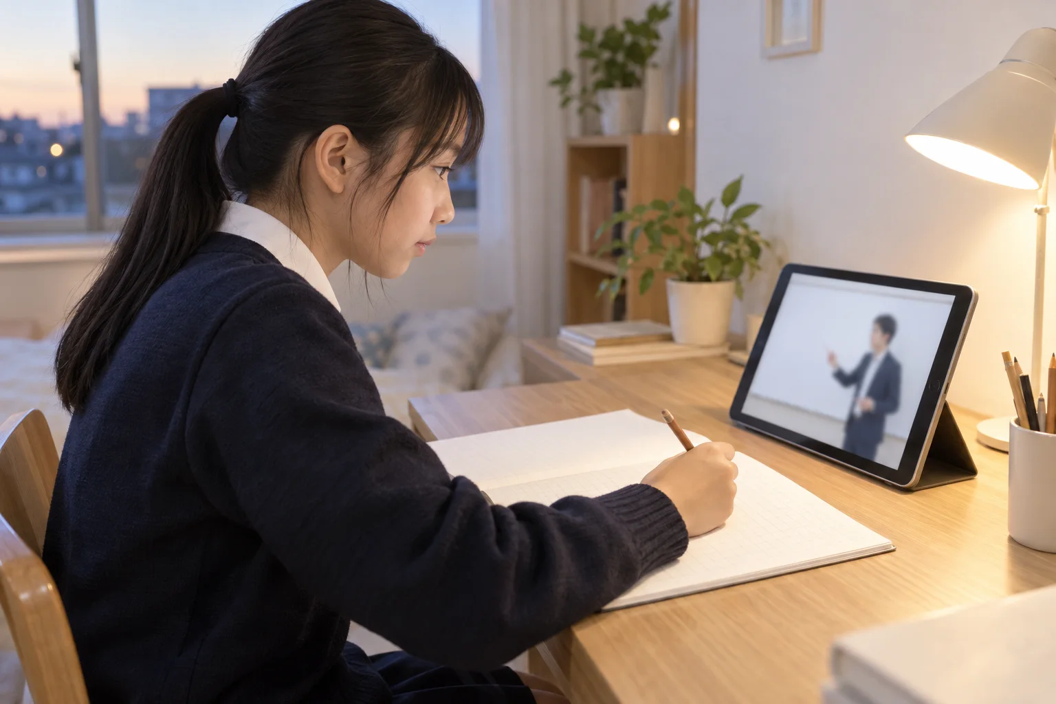自宅の机でタブレットの授業録画を見ながらノートを取る生徒