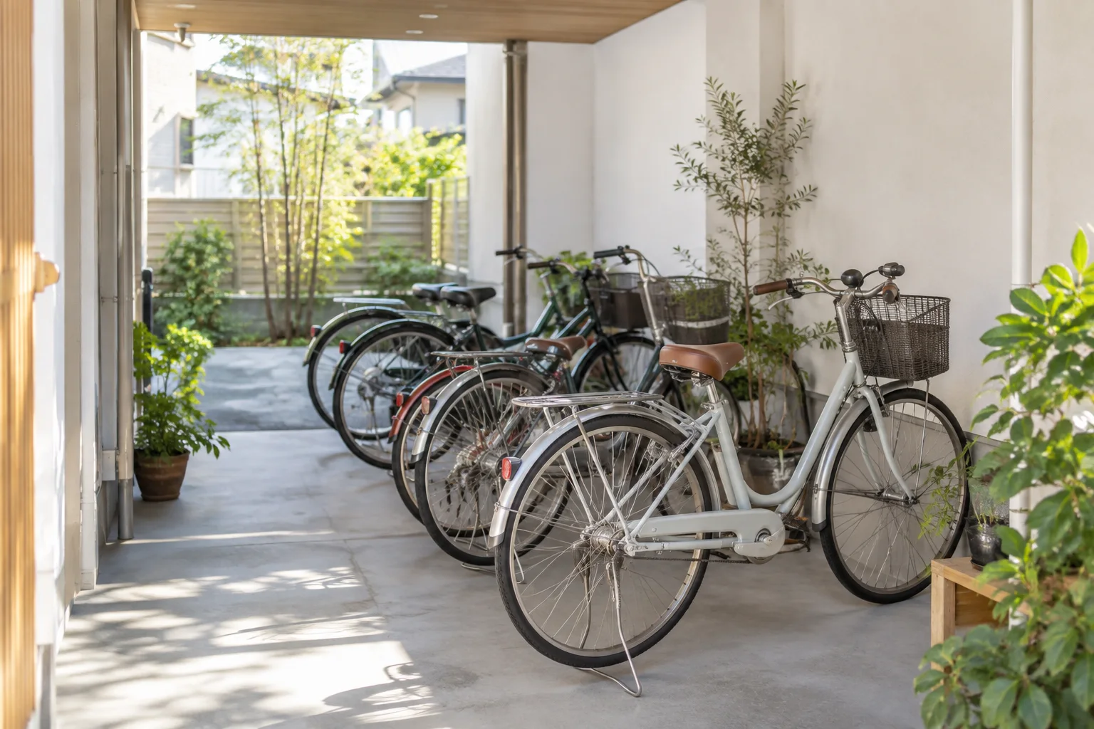 建物の裏手に並んで停められた自転車