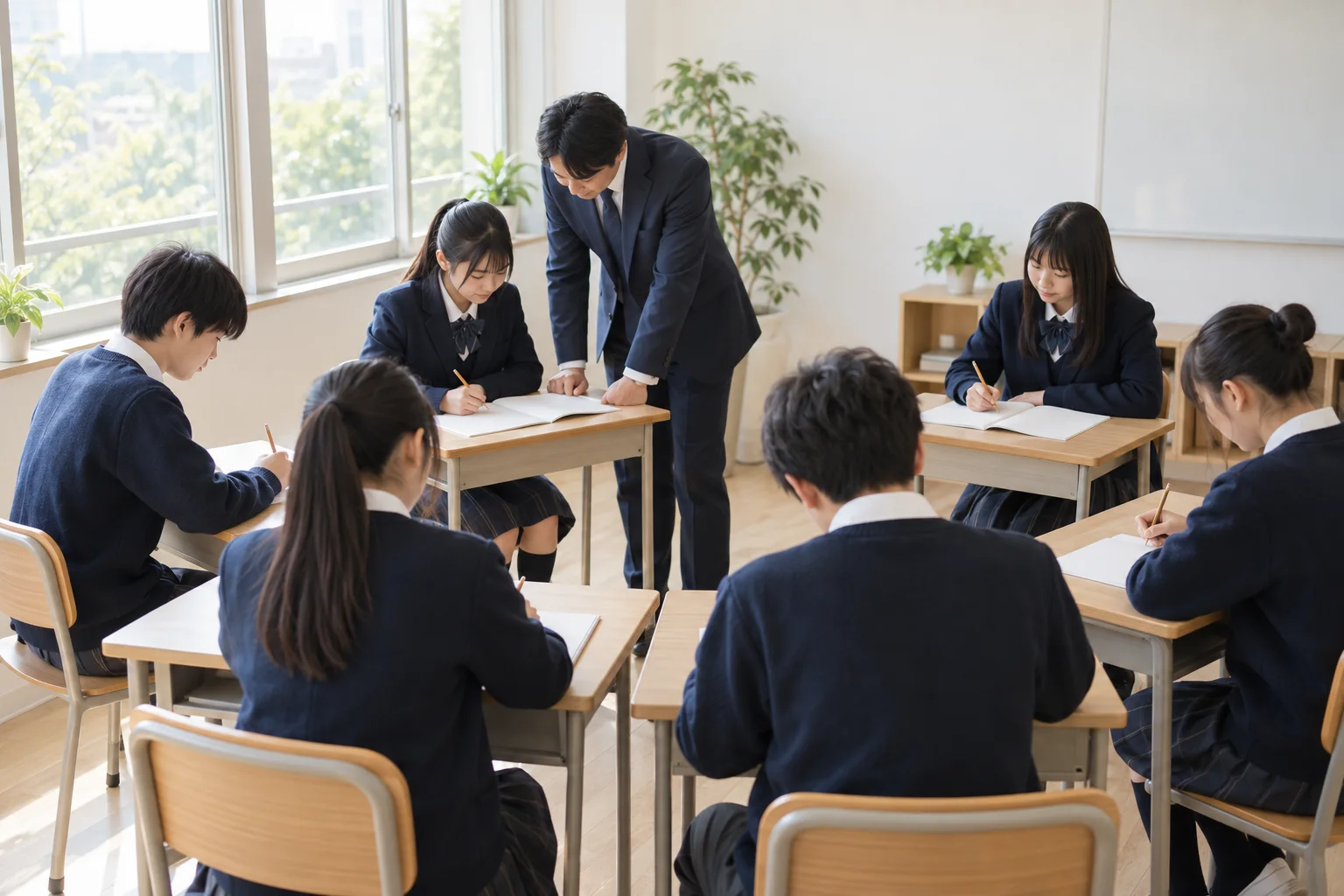 6人の生徒の机をまわり、ノートをのぞき込む講師