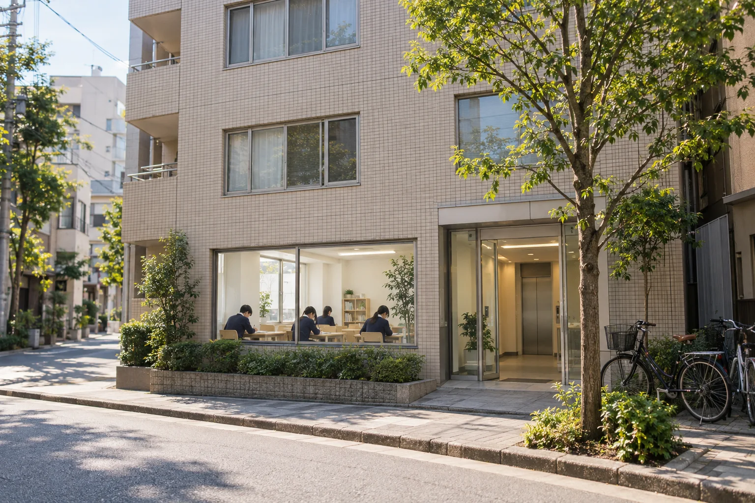 晴れた午後の住宅街に建つ、ガラス扉の入口がある建物
