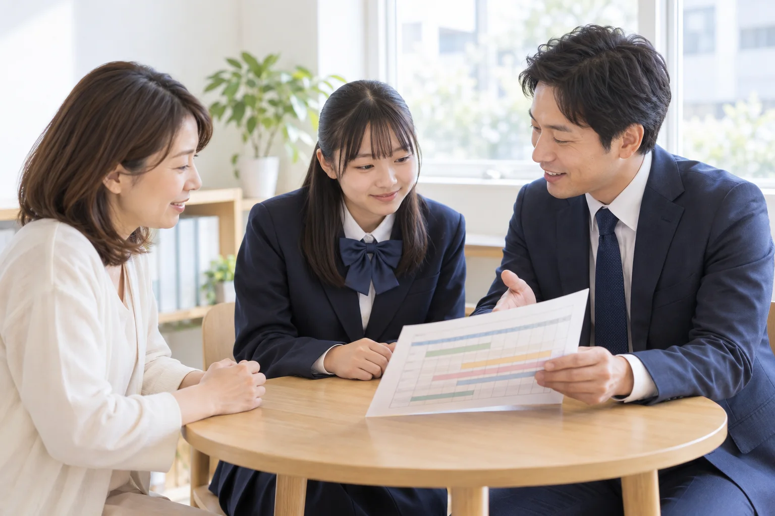 年間の計画表を前に、保護者と生徒に説明する講師
