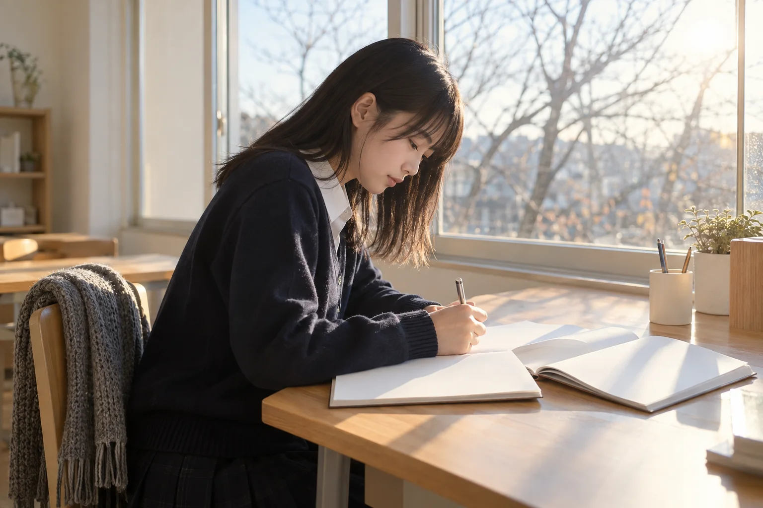 冬の午後、窓辺の机で問題に取り組む生徒