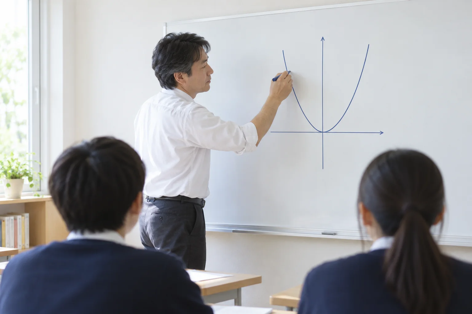 ホワイトボードにフリーハンドで放物線を描く講師
