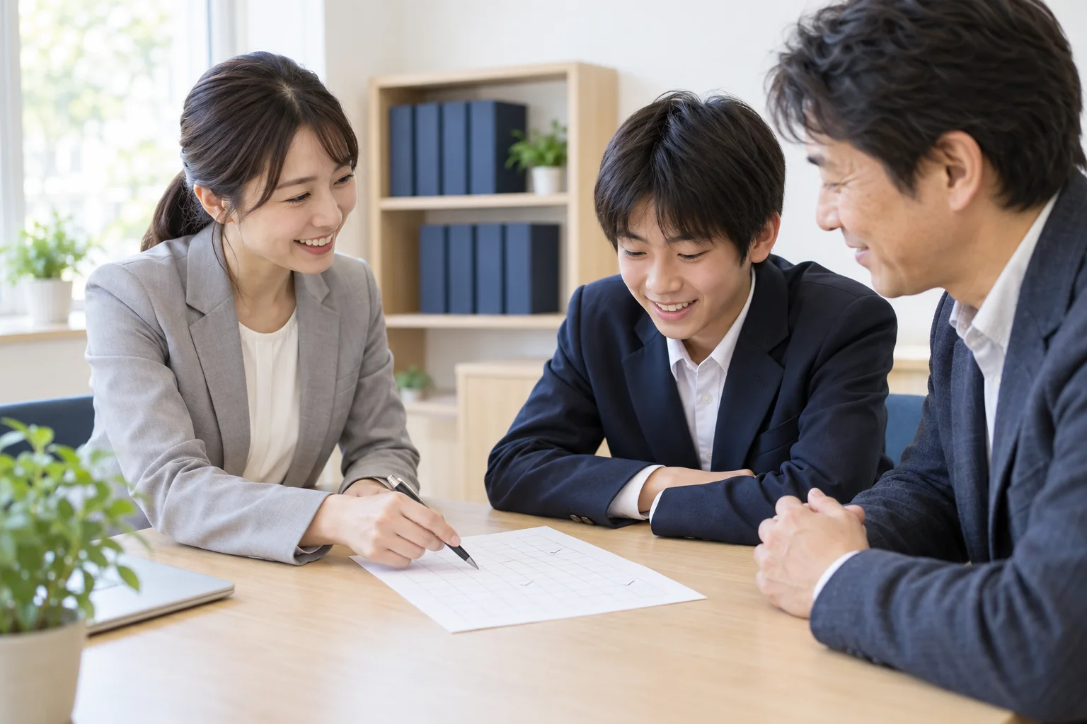 診断の用紙を指しながら生徒と保護者に話す講師