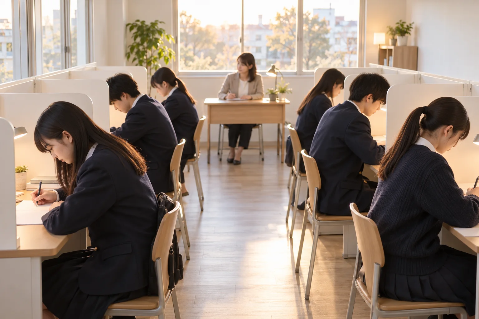 仕切りのある席で自習する生徒と、前方の席で質問を待つ講師