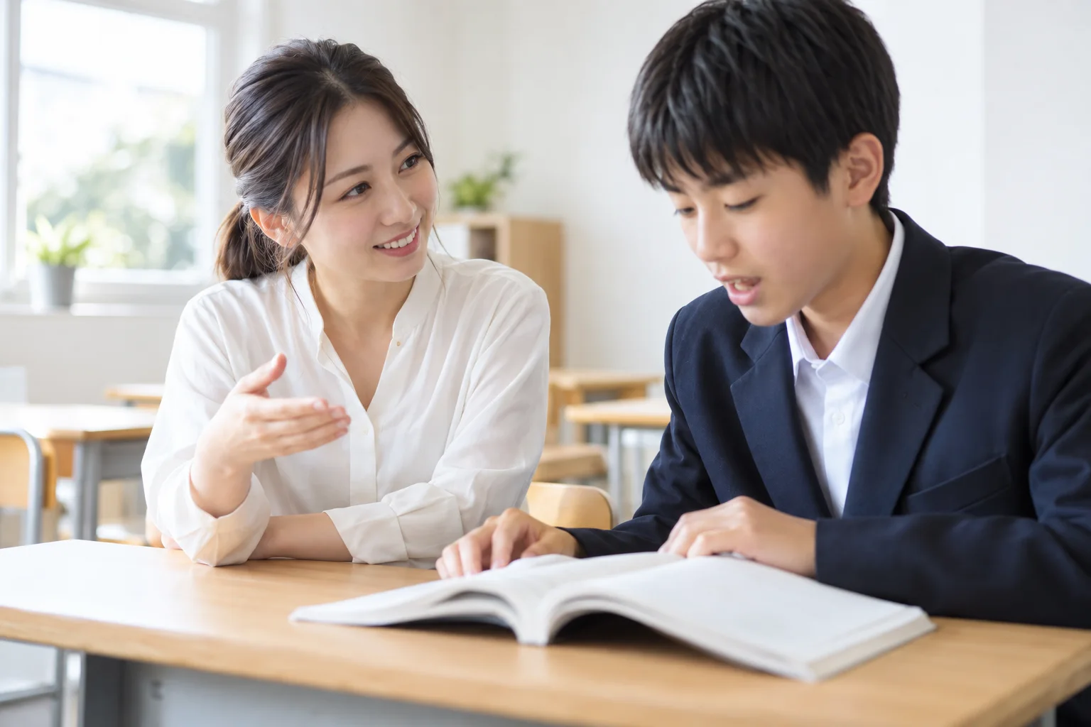 教科書を声に出して読む生徒と、耳を傾ける英語の講師