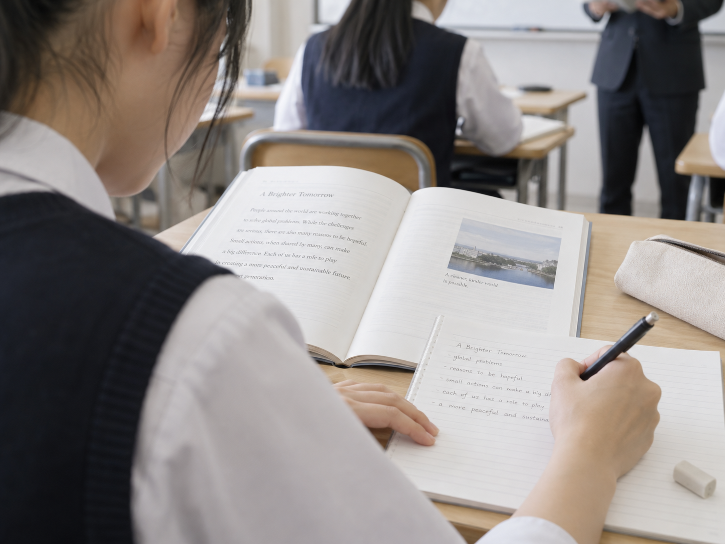 英語の文章を読み、ノートに書き留める手元