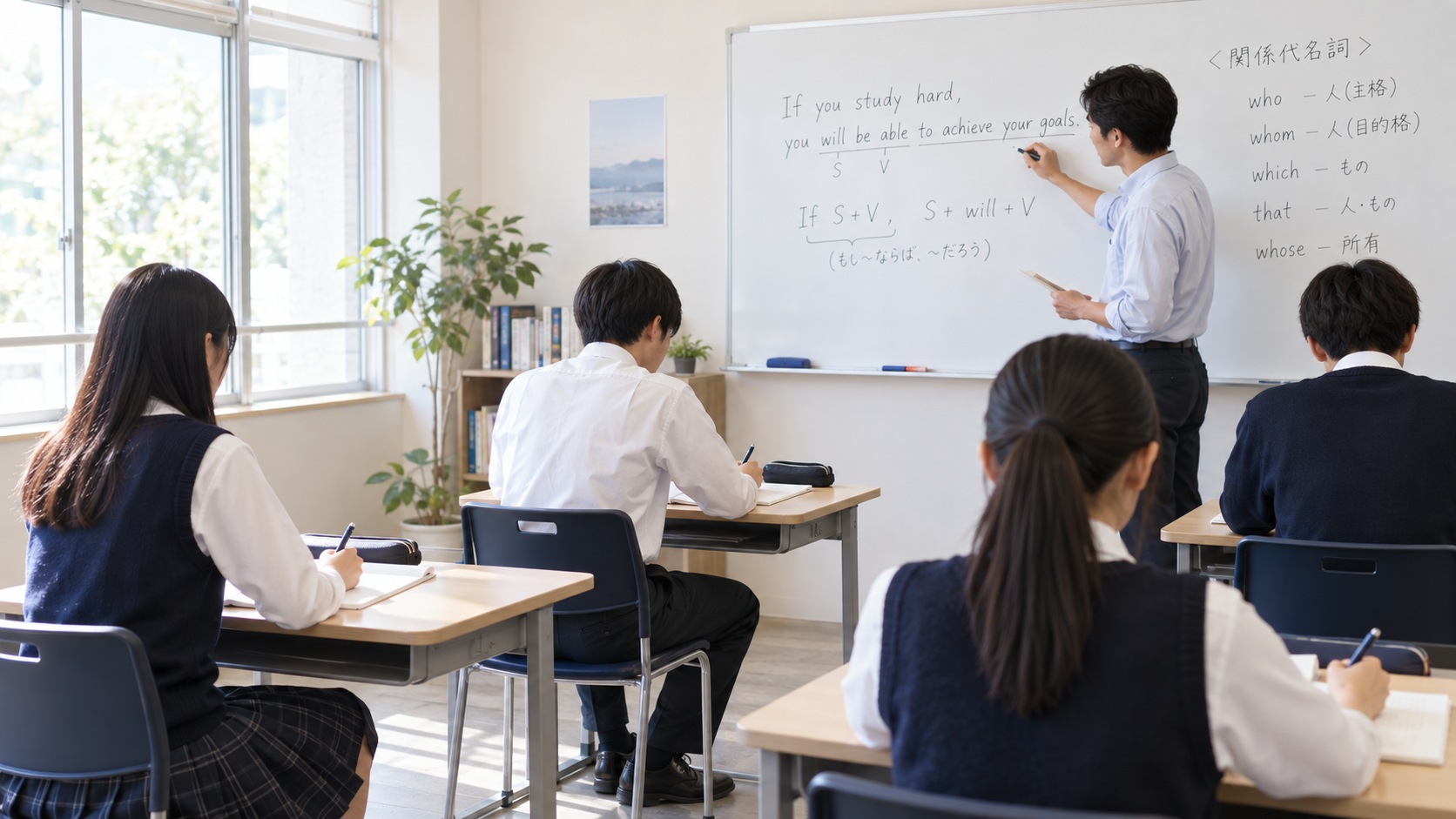 講師の板書を見ながら英語を学ぶ少人数の教室