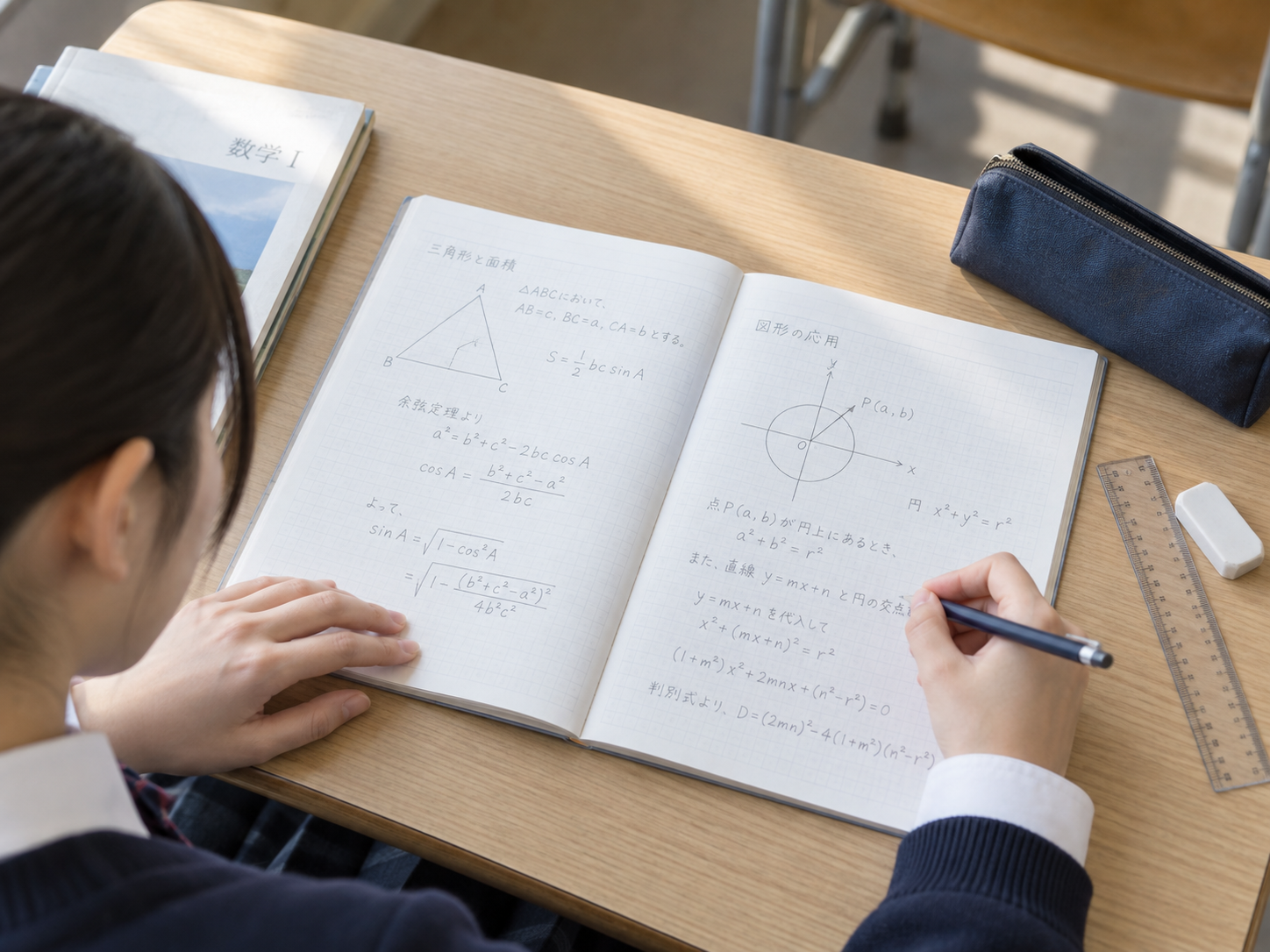 図形と計算過程をノートに書いて確かめる手元