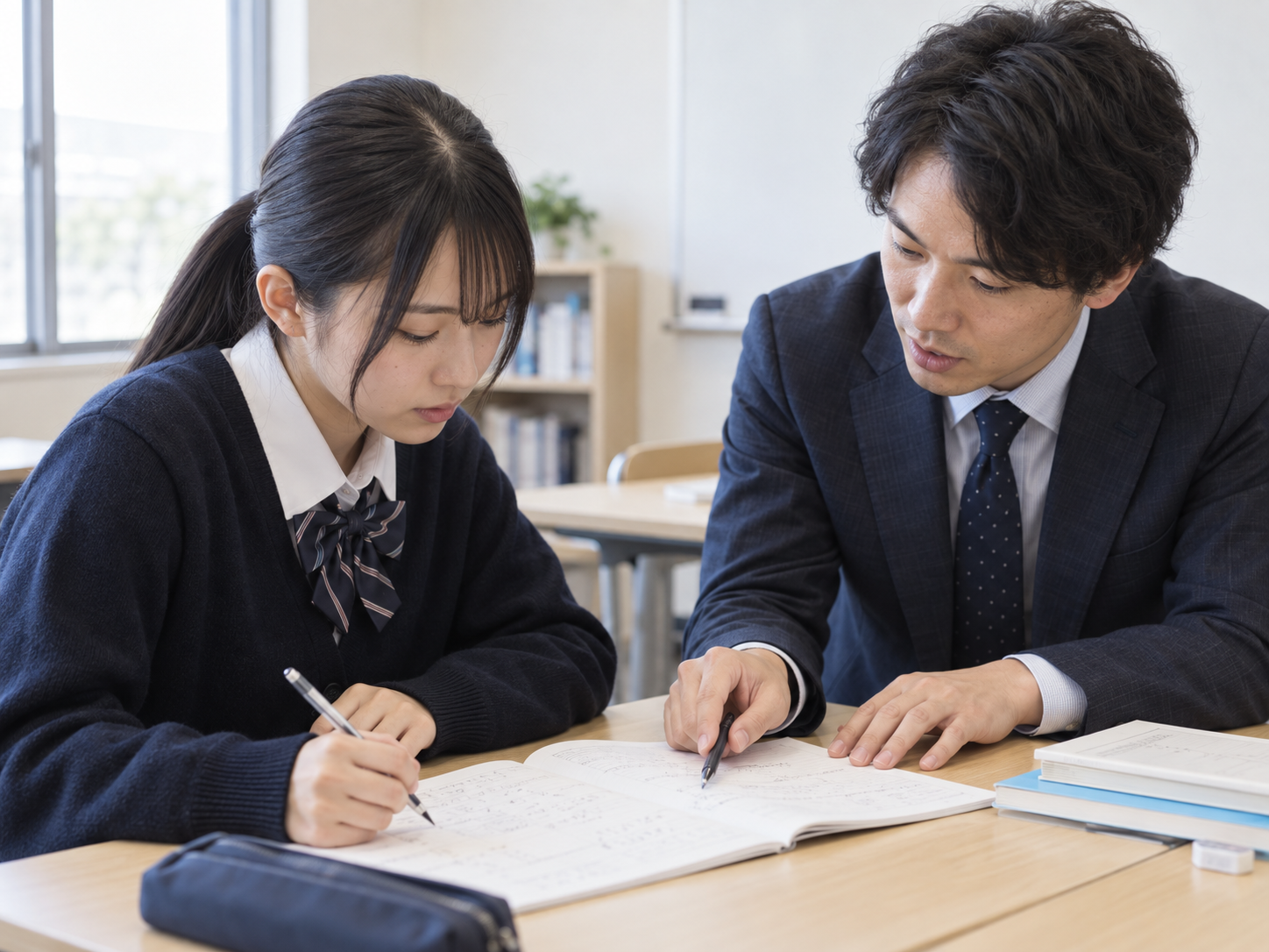講師とノートを確認しながら問題を解く生徒