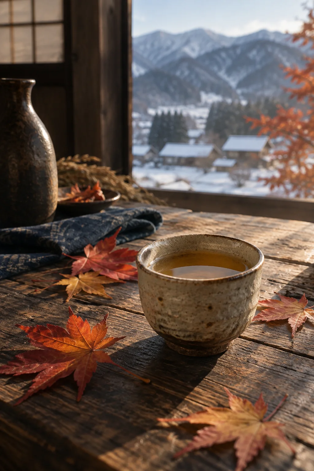紅葉を散らした卓上の盃
