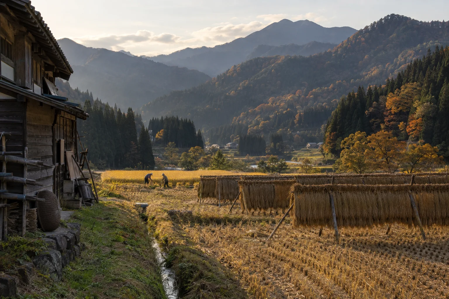稲を掛けて干す秋の田と山