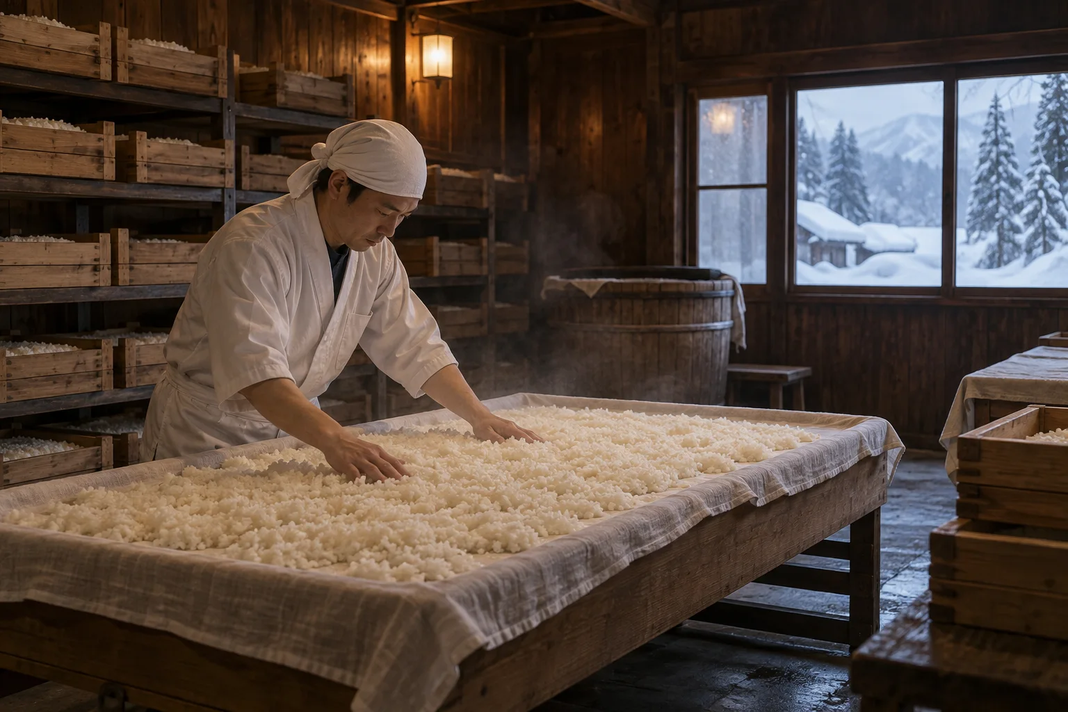 杉板張りの麹室で蒸米を広げる蔵人