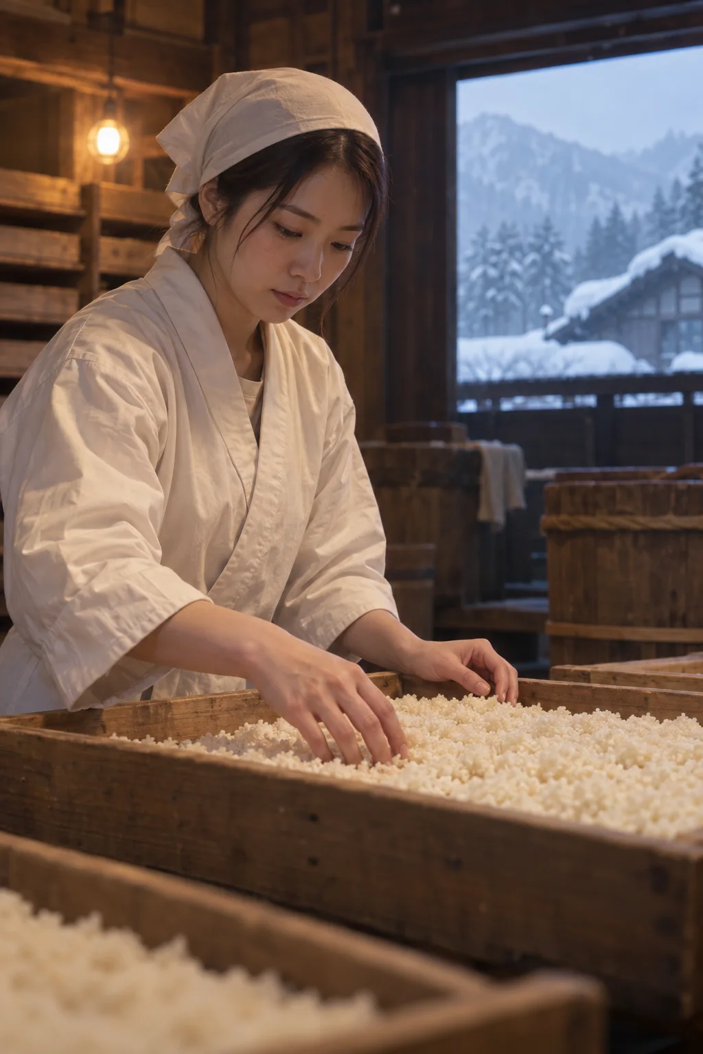 麹蓋の麹に手を当てる麹屋