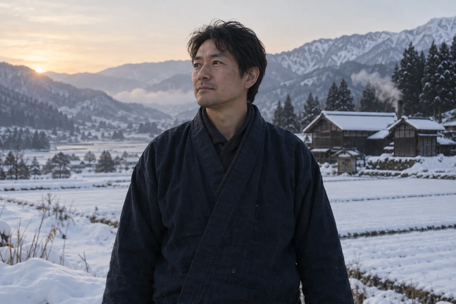 夜明けの雪の田に立つ蔵元
