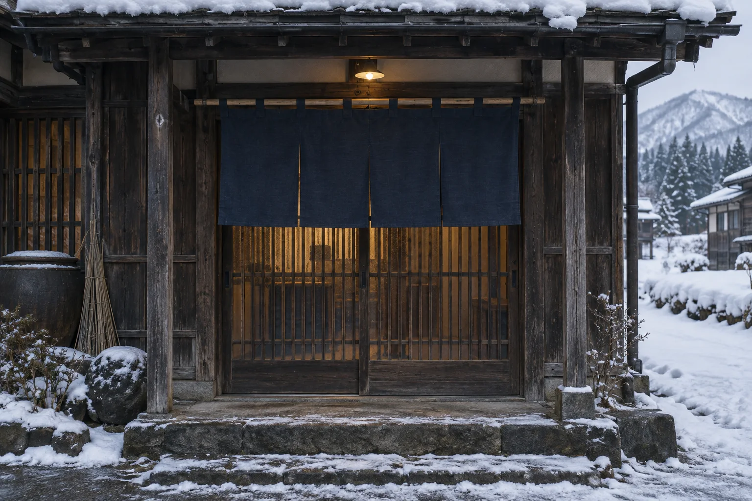 無地の暖簾が掛かる蔵の入口と雪の石段