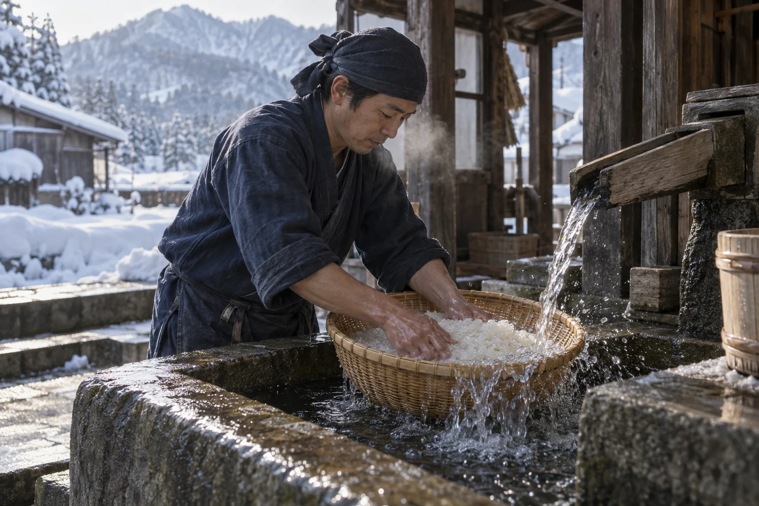 冷たい井戸水で米を洗う蔵人