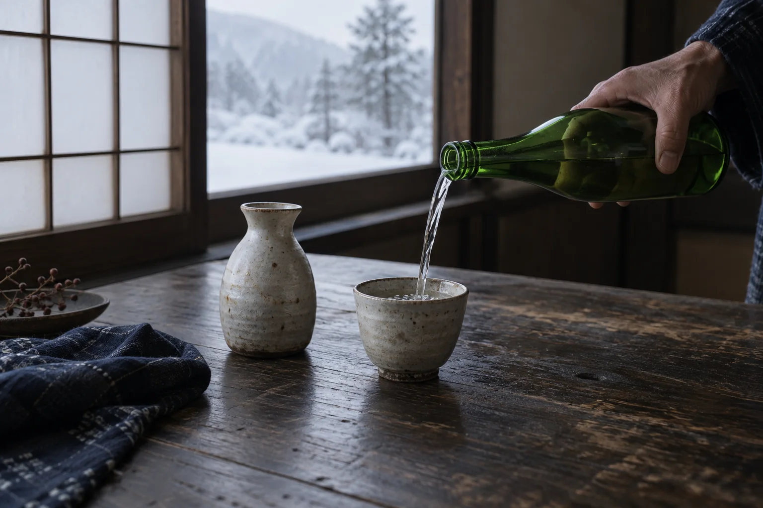 障子の光のもとで、器に酒を注ぐ