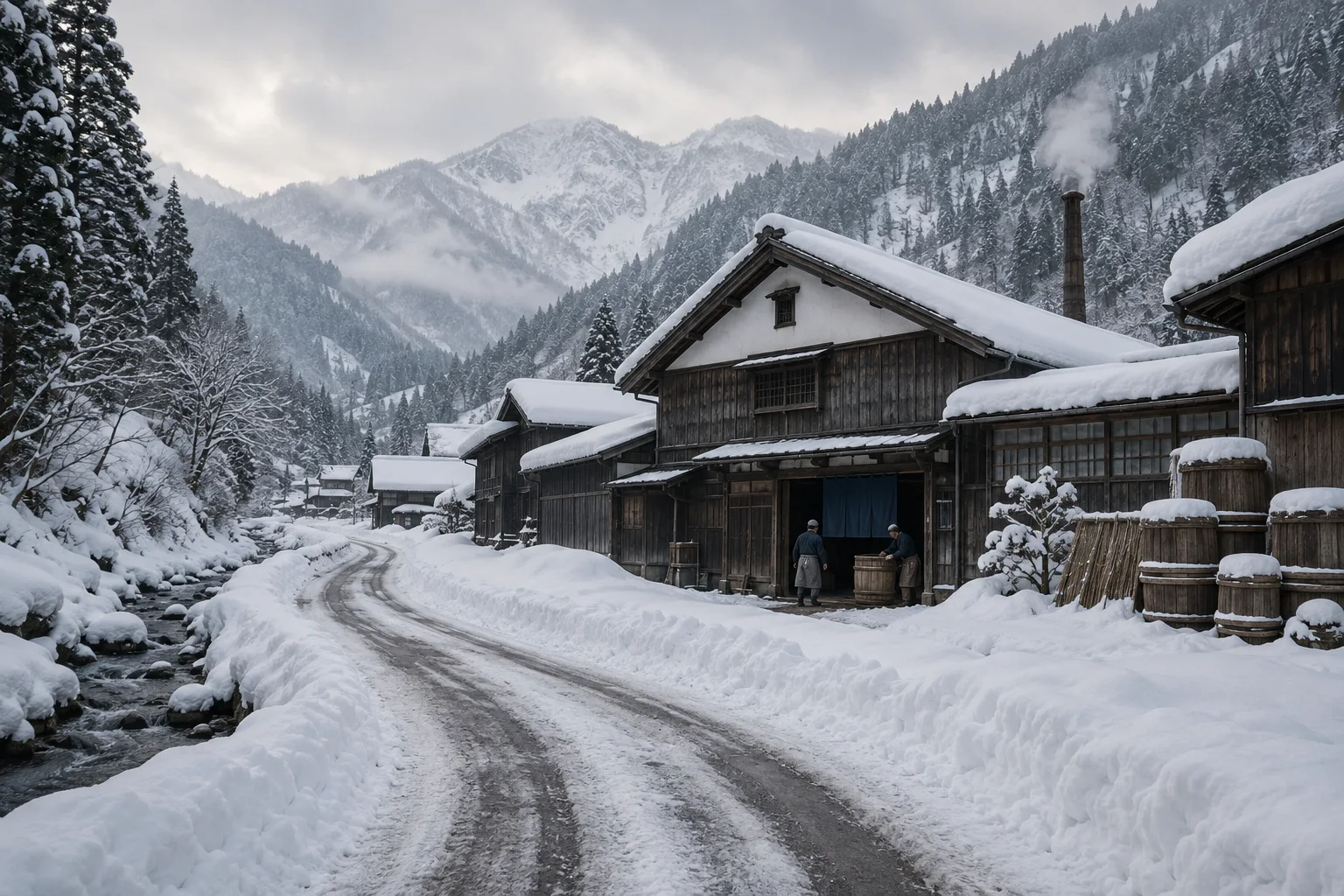 雪の谷を蔵へ向かう一本道