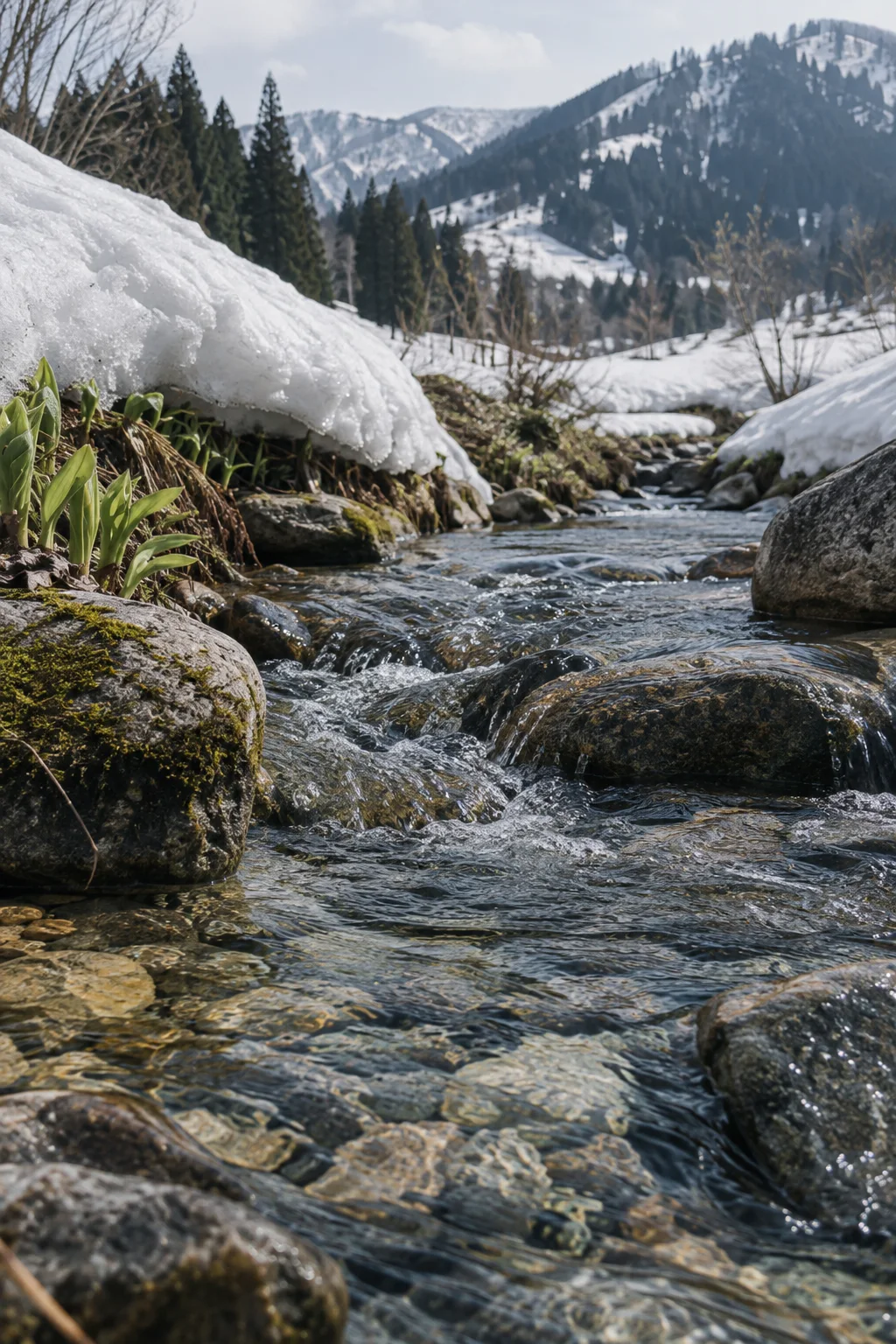 雪解け水が石の間を流れる春の沢