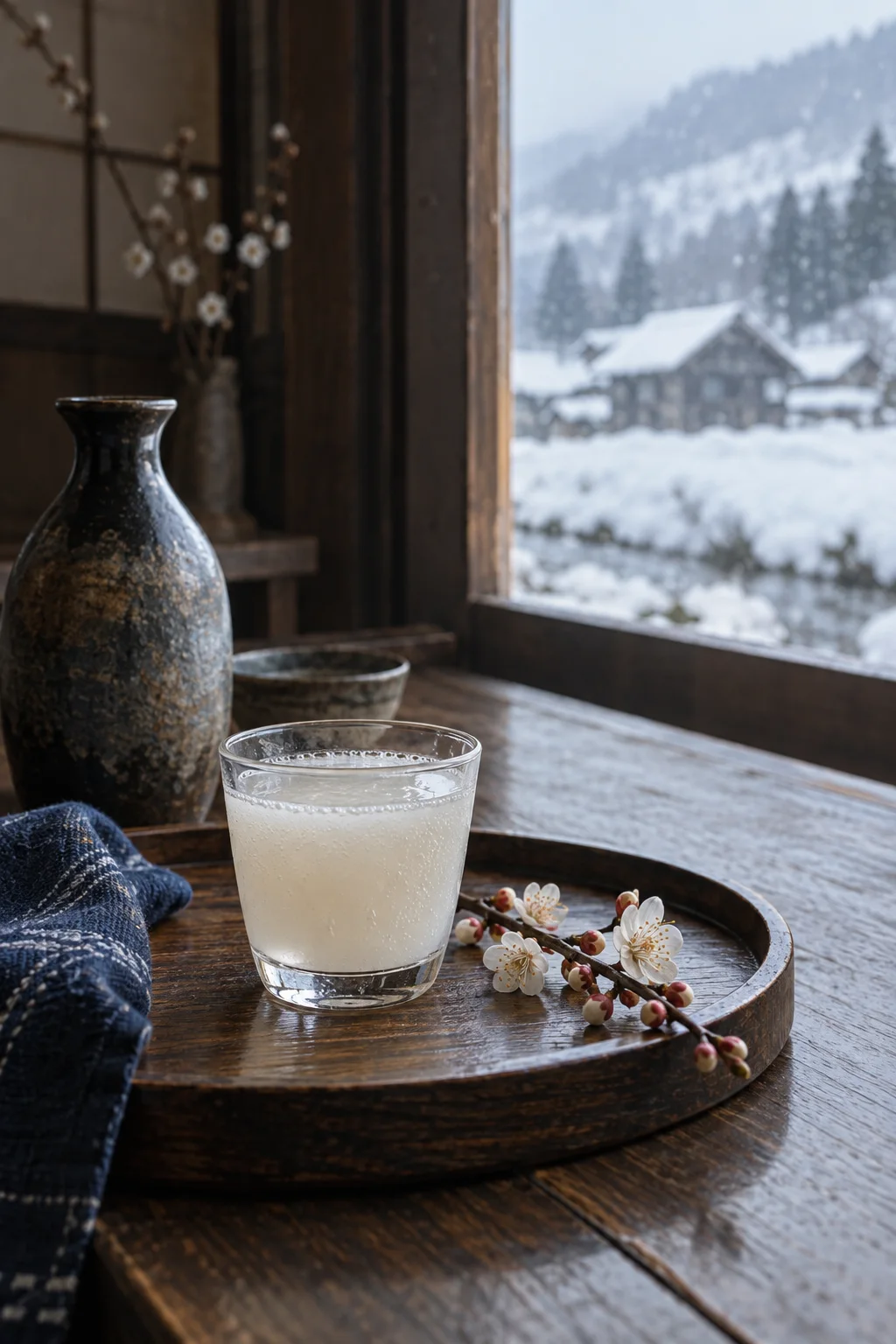 梅の枝のそばの、うっすら白い春の酒
