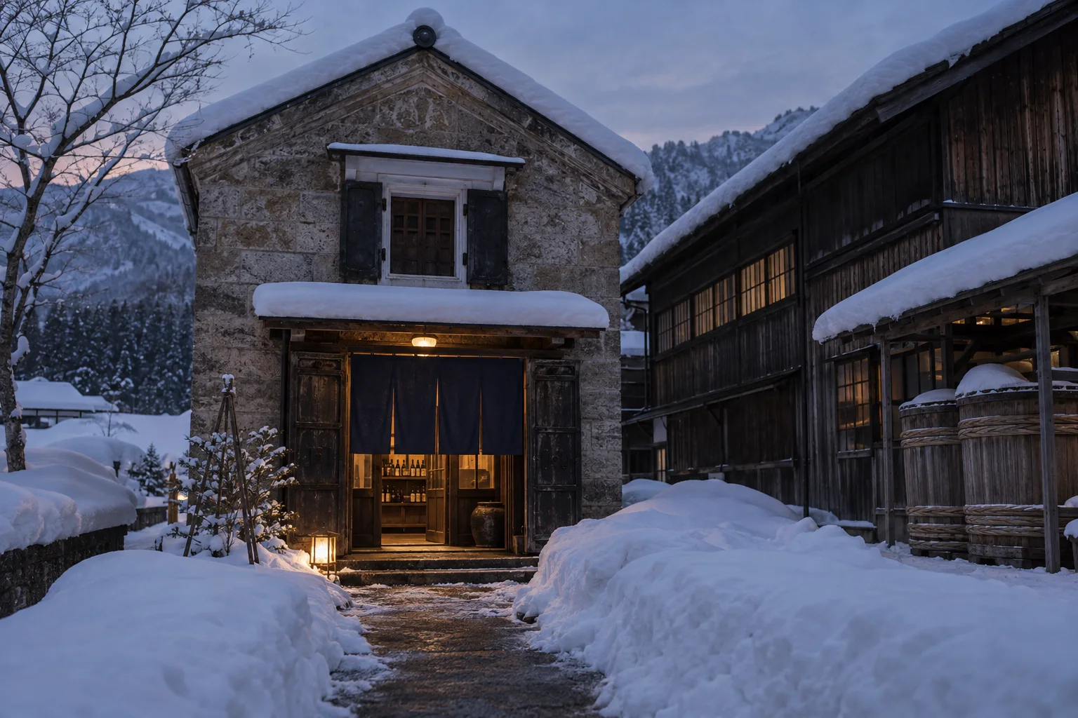 雪の夕暮れに明かりの灯る石蔵