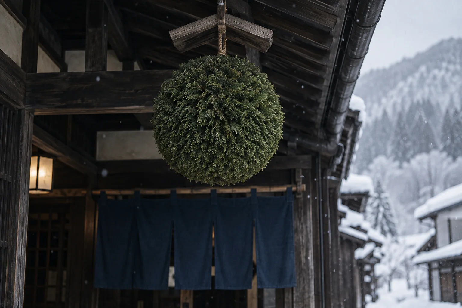 雪の舞う軒先に吊るした青い杉玉