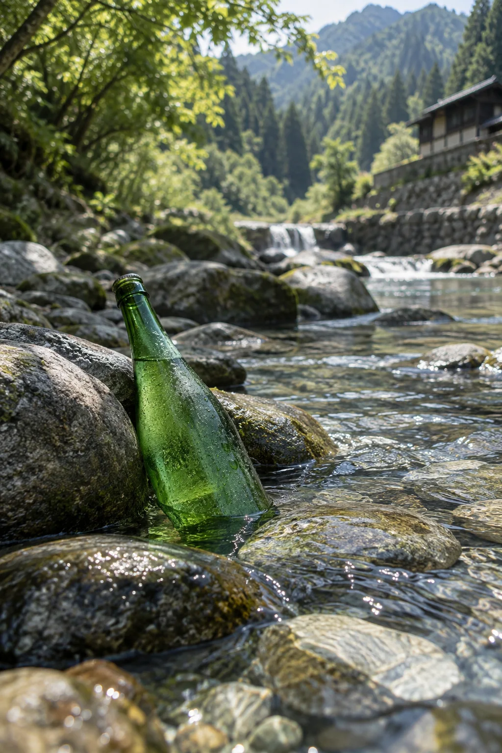 山の沢で冷やす酒瓶