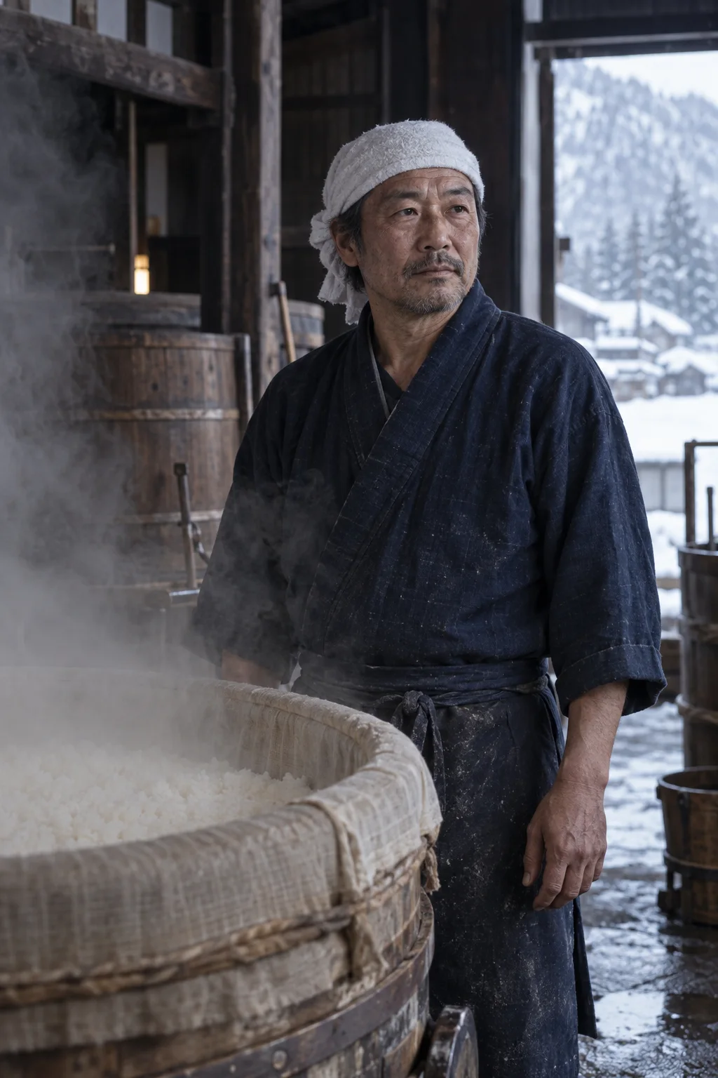 湯気の立つ甑のそばに立つ杜氏
