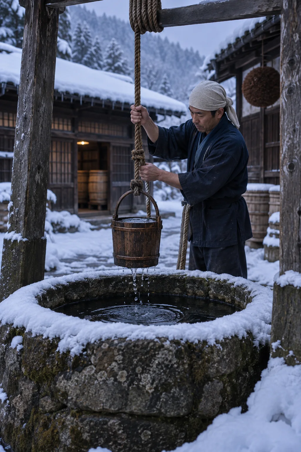 雪の積もった中庭の井戸と、汲み上げたばかりの水