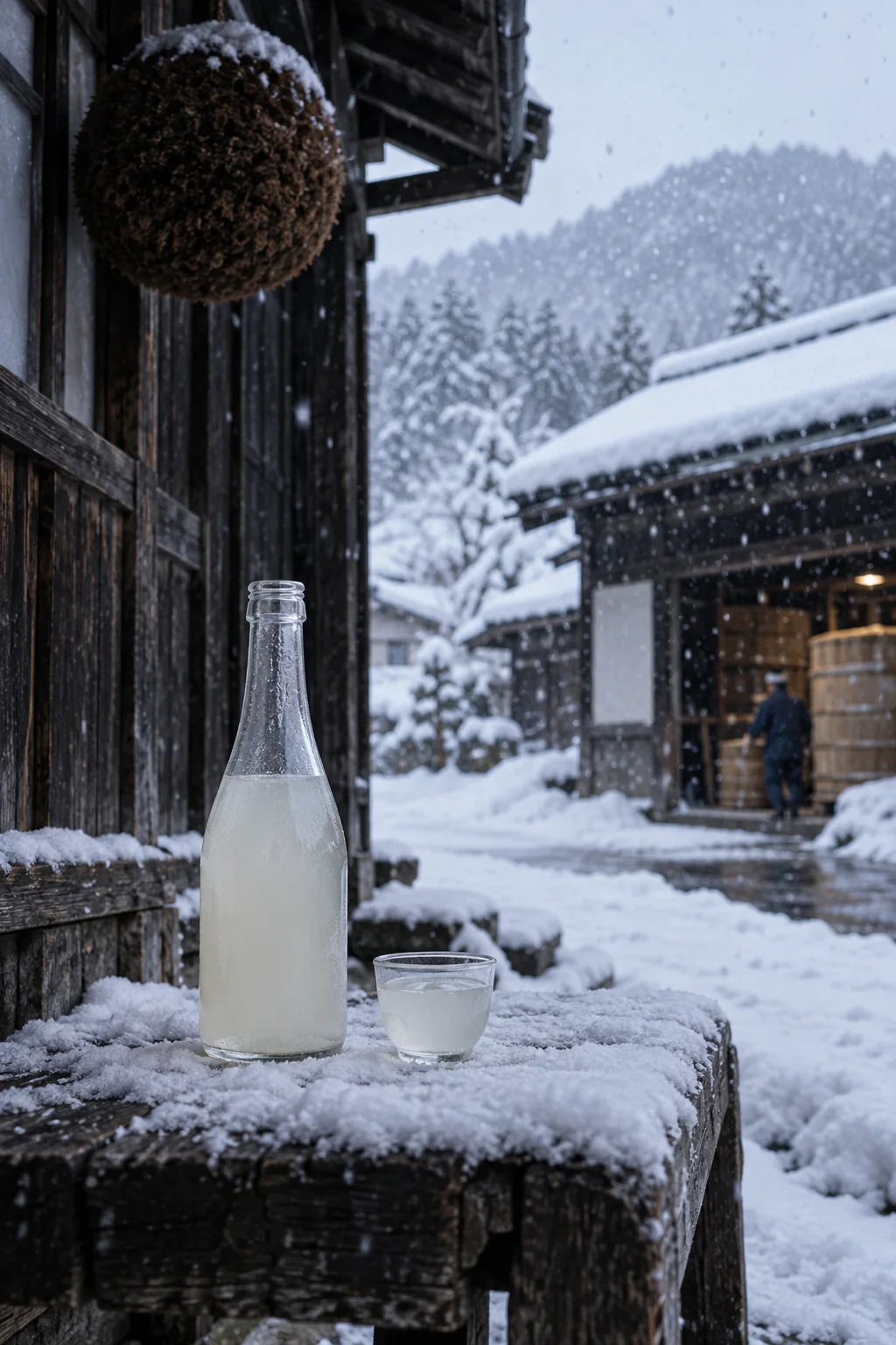 雪の縁台に置いた新酒の瓶と盃