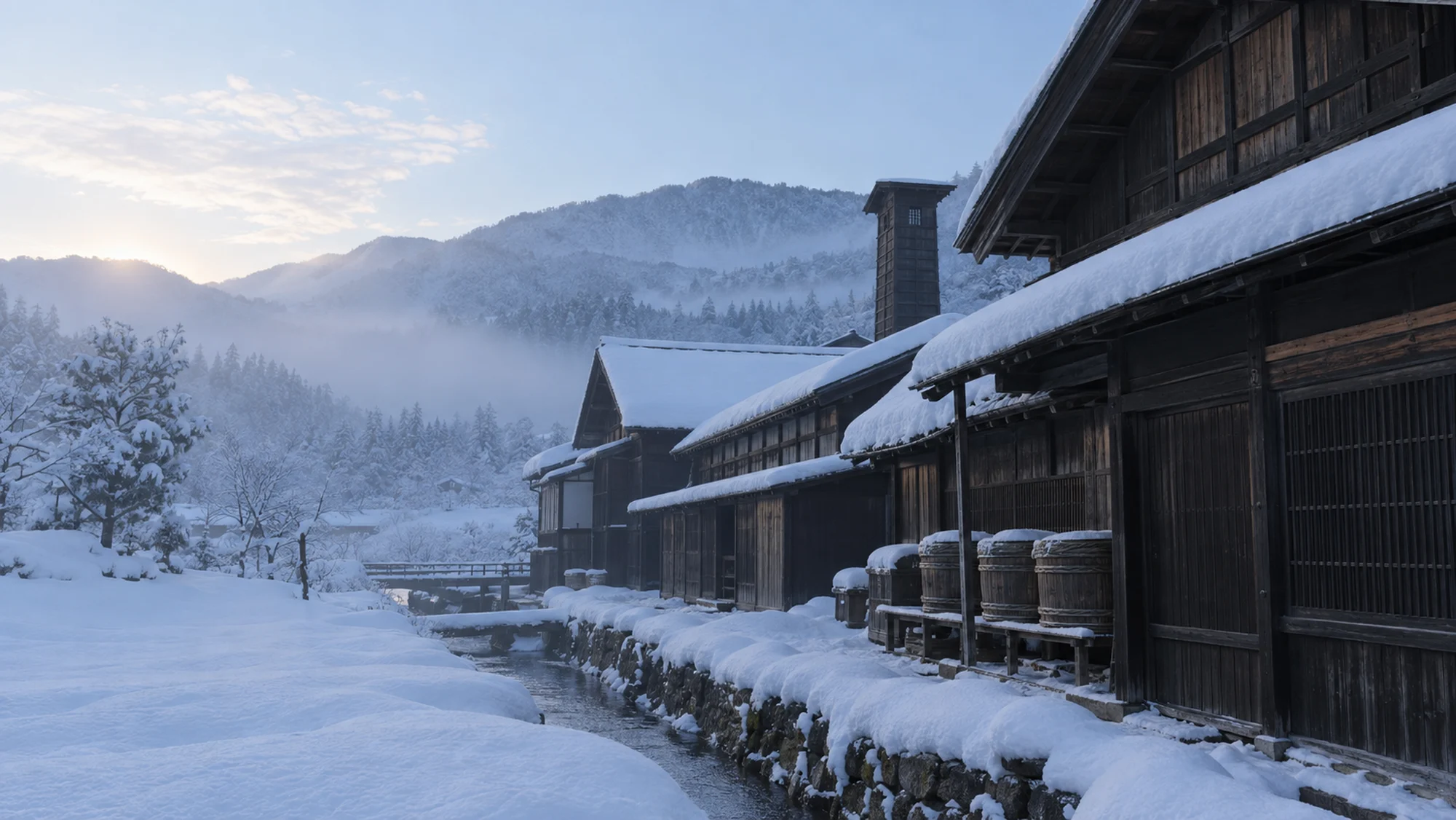 雪に覆われた木造の蔵が並ぶ谷の朝